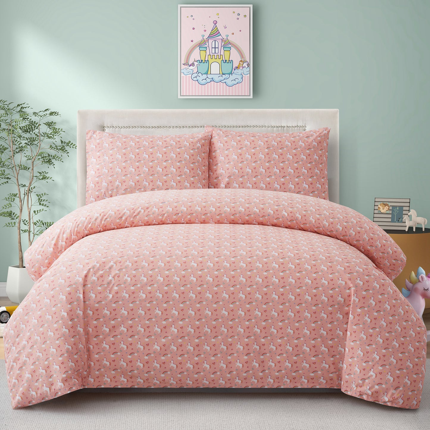 Kids Girls Printed 600 Thread Count Soft Cotton Percale Duvet Cover Set with Corner Tie and Zipper, Pink Unicorn Rainbow