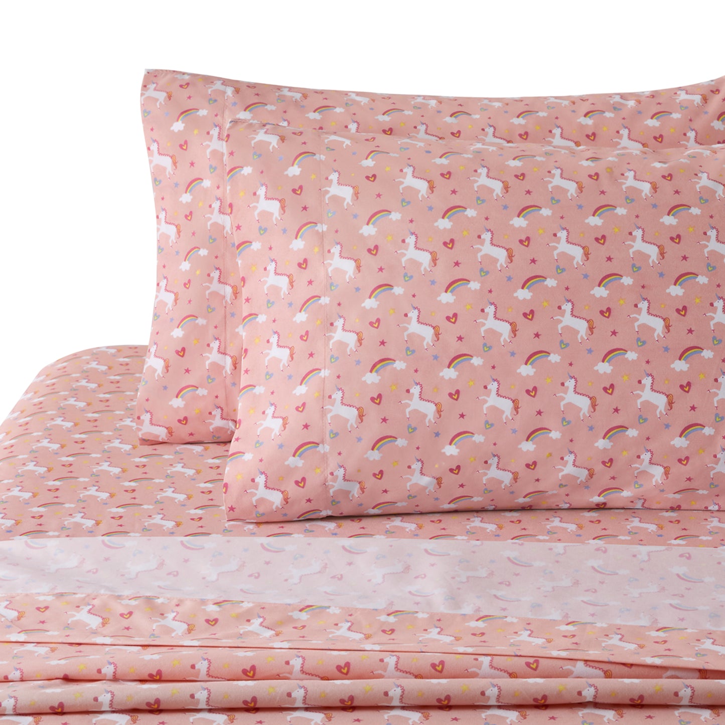 Kids Girls Printed 600 Thread Count Soft Cotton Percale Duvet Cover Set with Corner Tie and Zipper, Pink Unicorn Rainbow