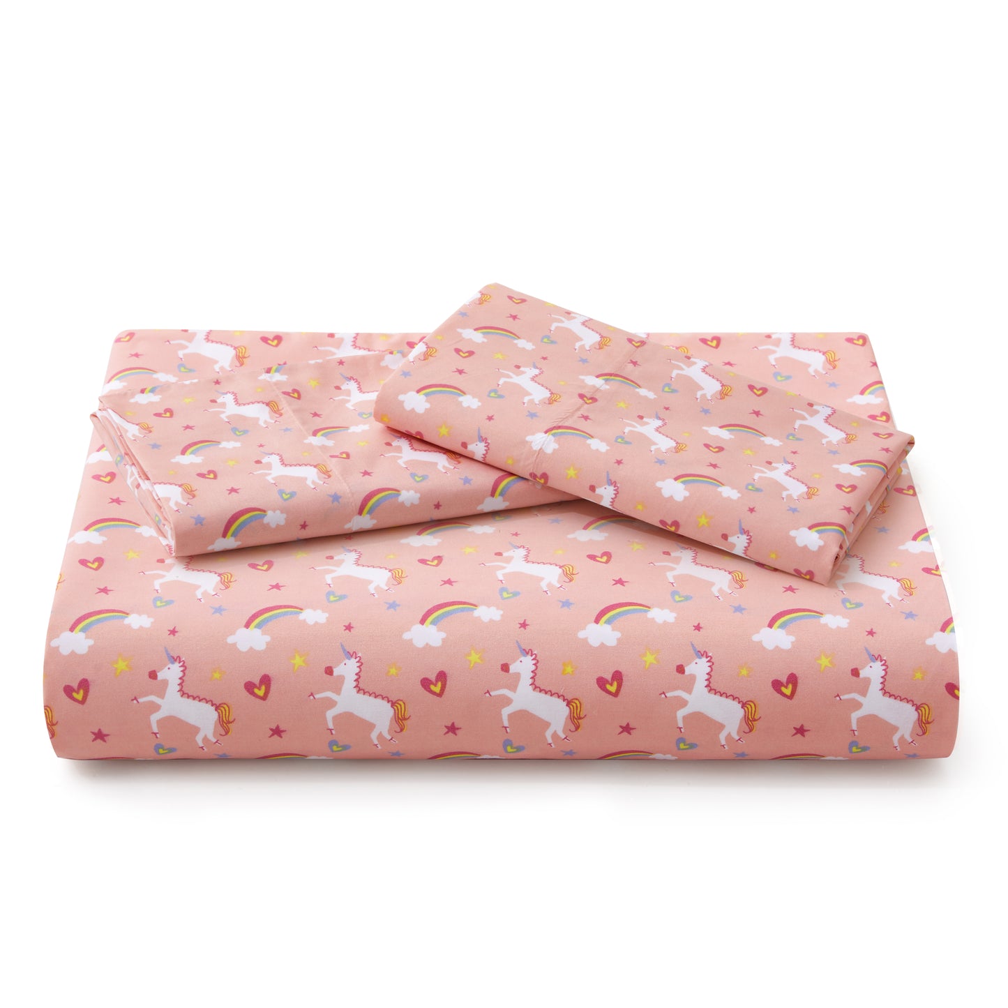 Kids Girls Printed 600 Thread Count Soft Cotton Percale Duvet Cover Set with Corner Tie and Zipper, Pink Unicorn Rainbow