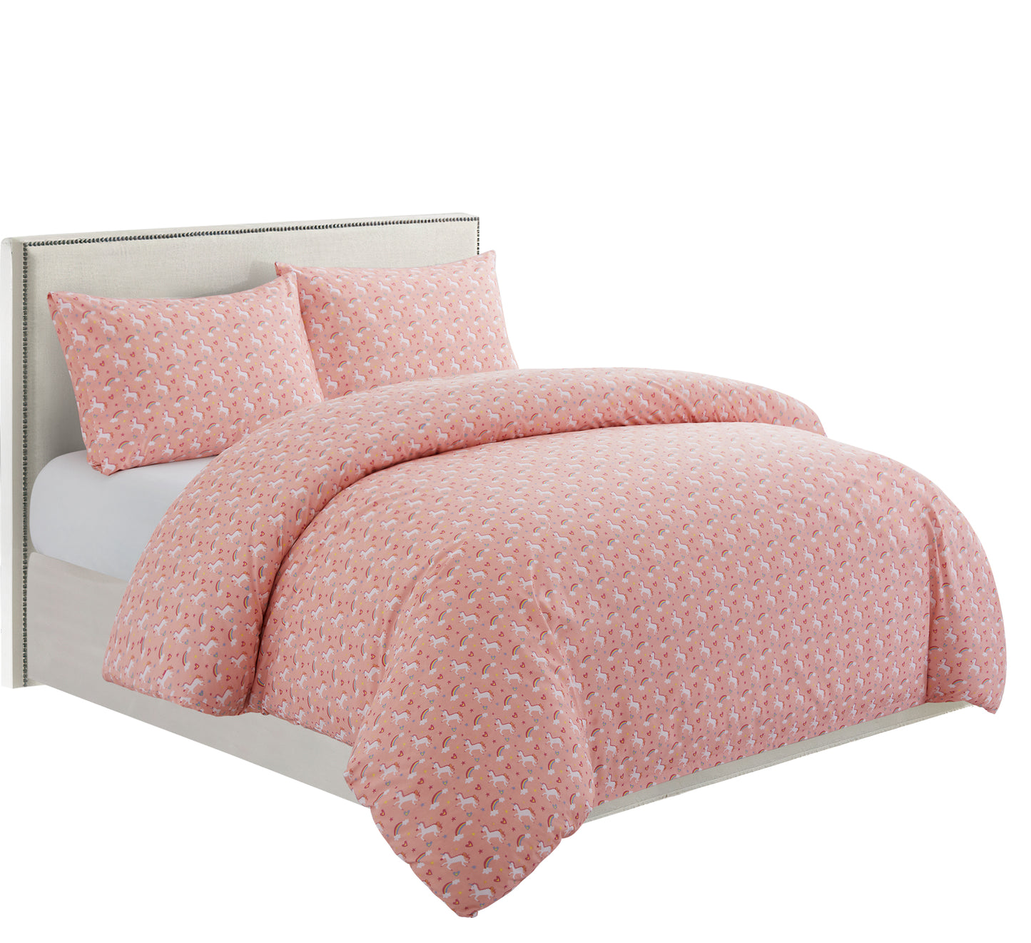 Kids Girls Printed 600 Thread Count Soft Cotton Percale Duvet Cover Set with Corner Tie and Zipper, Pink Unicorn Rainbow