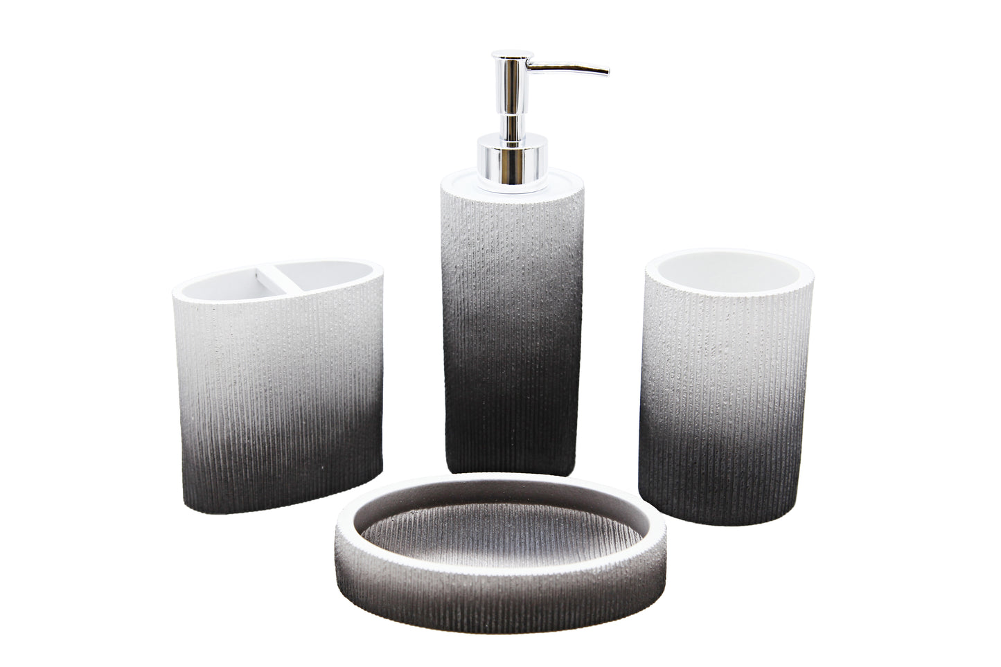 Modern Luxury Décor Bath Accessory Ensemble Bathroom Lotion Dispenser Toothbrush Holder Tumbler Soap Dish, Black White Ribbed