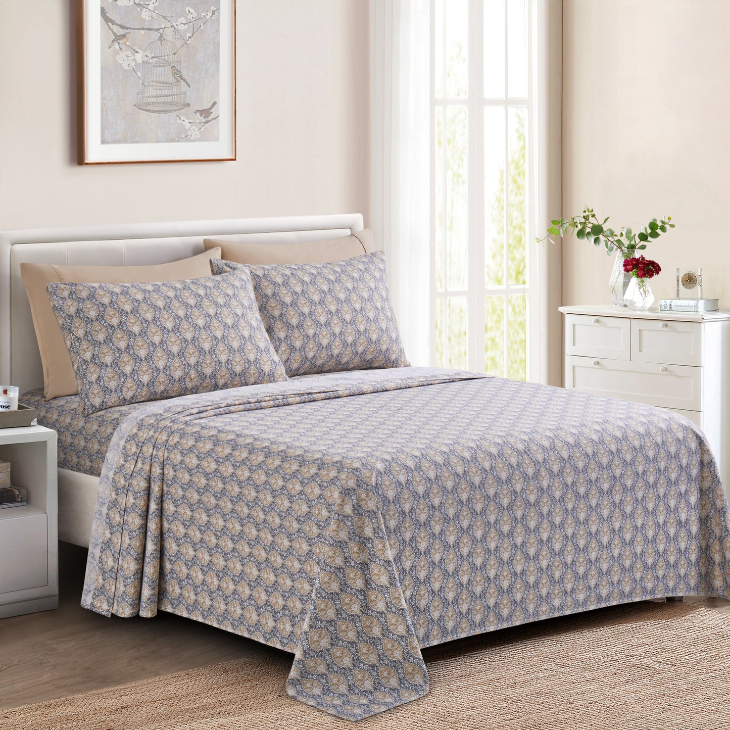 Printed Rayon from Bamboo Soft Deep Pocket Bedding All Season Sheet Set, Taupe Grey Floral