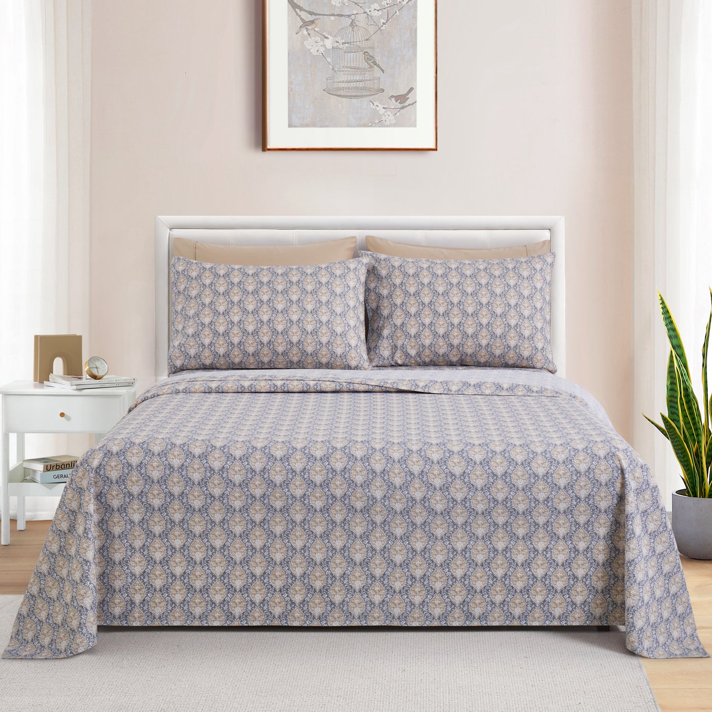 Printed Rayon from Bamboo Soft Deep Pocket Bedding All Season Sheet Set, Taupe Grey Floral