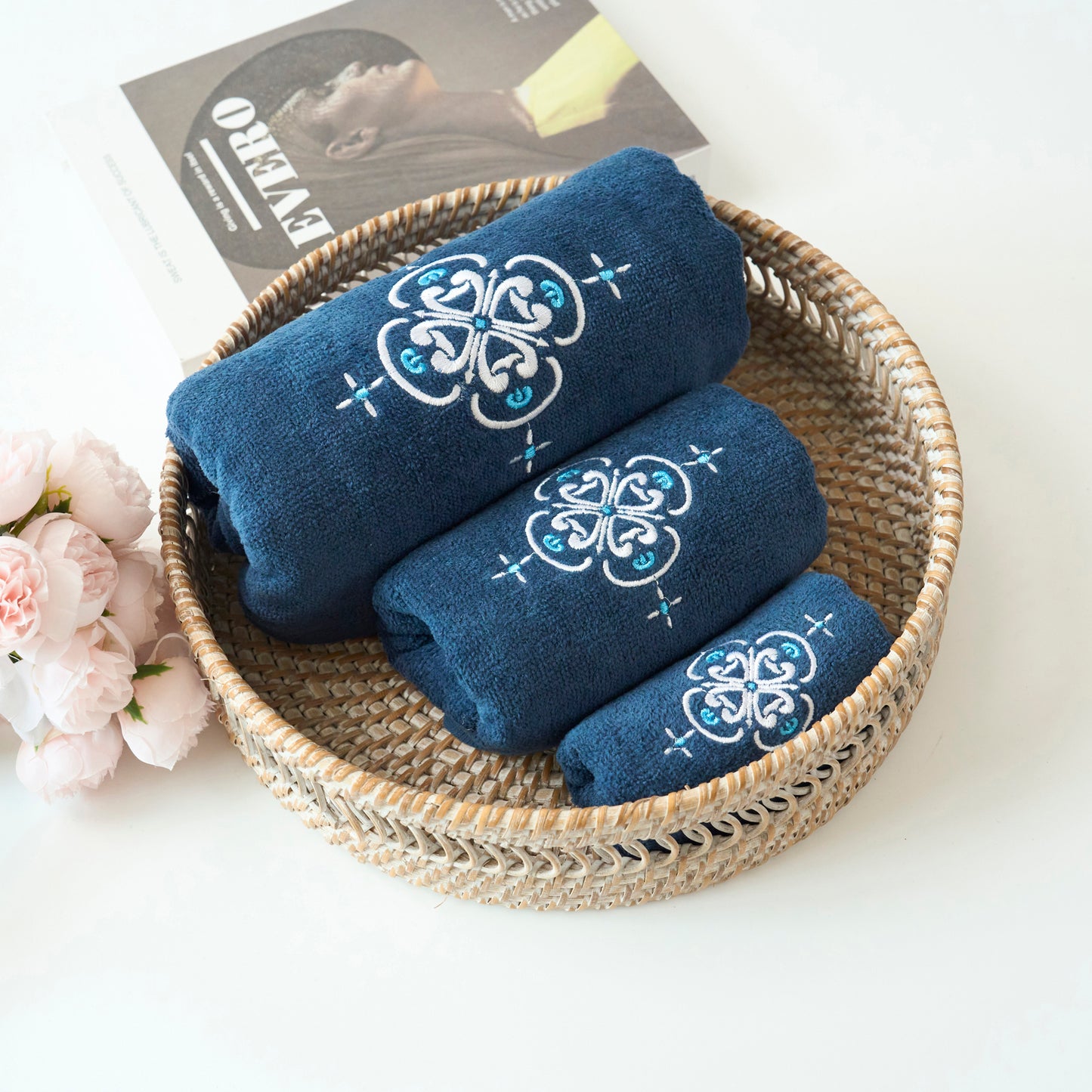 Premium Luxury Decor 100% Cotton Soft Bathroom Modern Embroidered 3 Piece Towel Set, Royal Blue Pattern