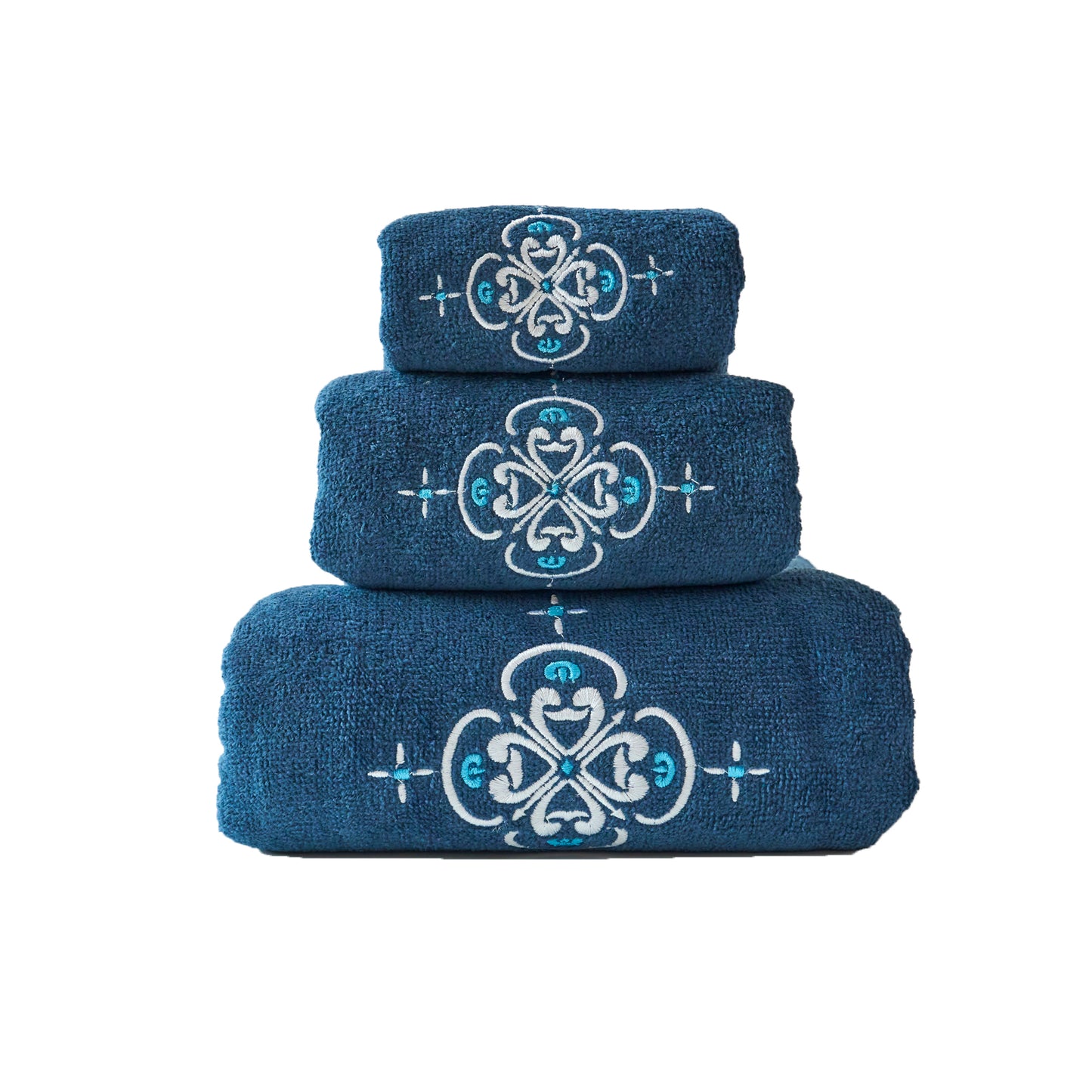Premium Luxury Decor 100% Cotton Soft Bathroom Modern Embroidered 3 Piece Towel Set, Royal Blue Pattern