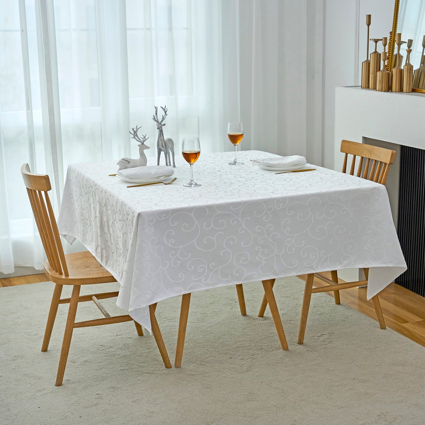 Jacquard Waterproof Thick Luxury Premium Solid Liquid Repellent Stain Resistant Decorative Home Kitchen Tablecloth, White Color