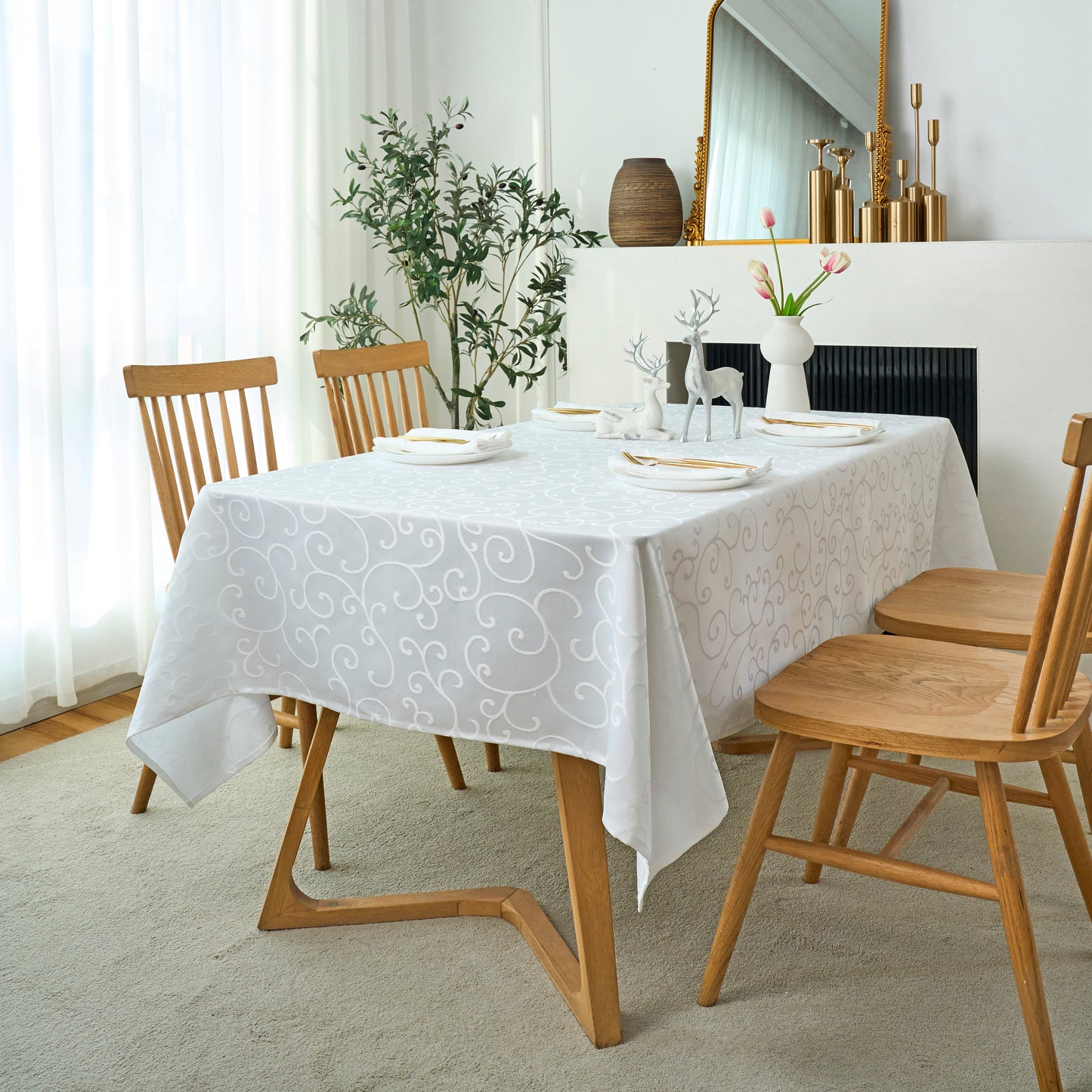 Jacquard Waterproof Thick Luxury Premium Solid Liquid Repellent Stain Resistant Decorative Home Kitchen Tablecloth, White Color