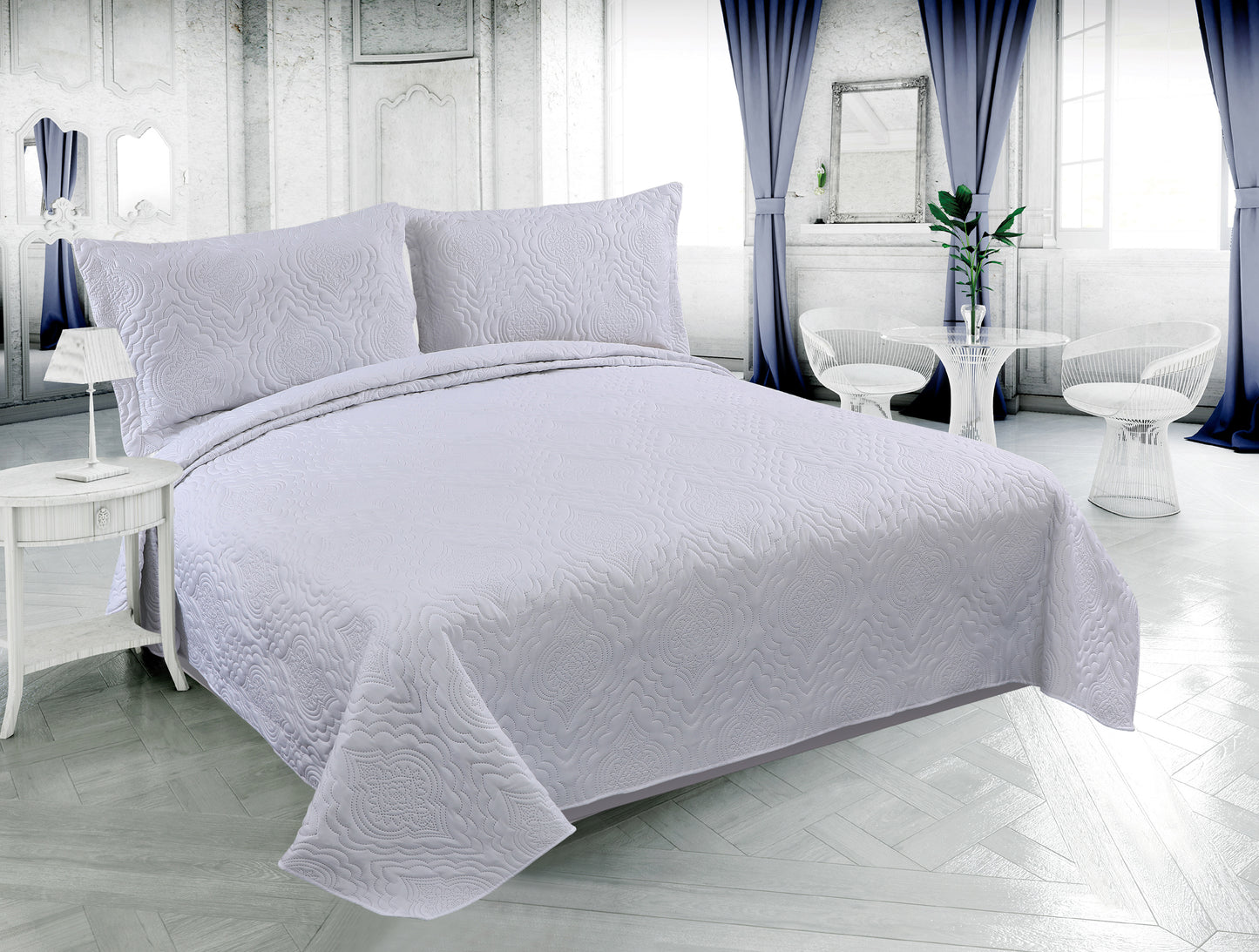 Embossed Pinsonic Solid Bedding Soft Summer Quilt Set, White Color