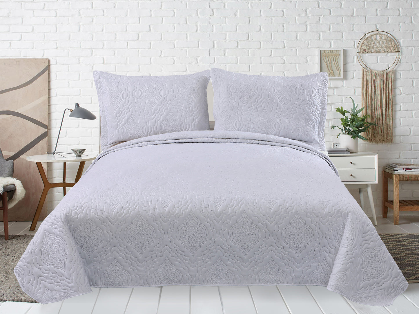 Embossed Pinsonic Solid Bedding Soft Summer Quilt Set, White Color