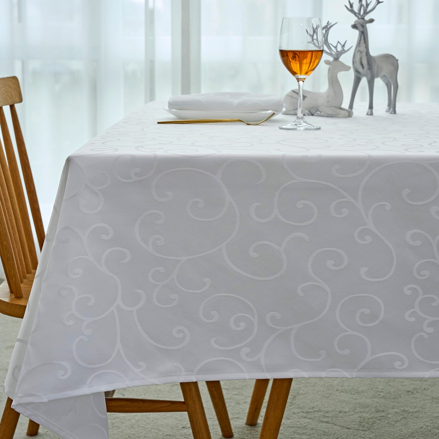 Jacquard Waterproof Thick Luxury Premium Solid Liquid Repellent Stain Resistant Decorative Home Kitchen Tablecloth, White Color