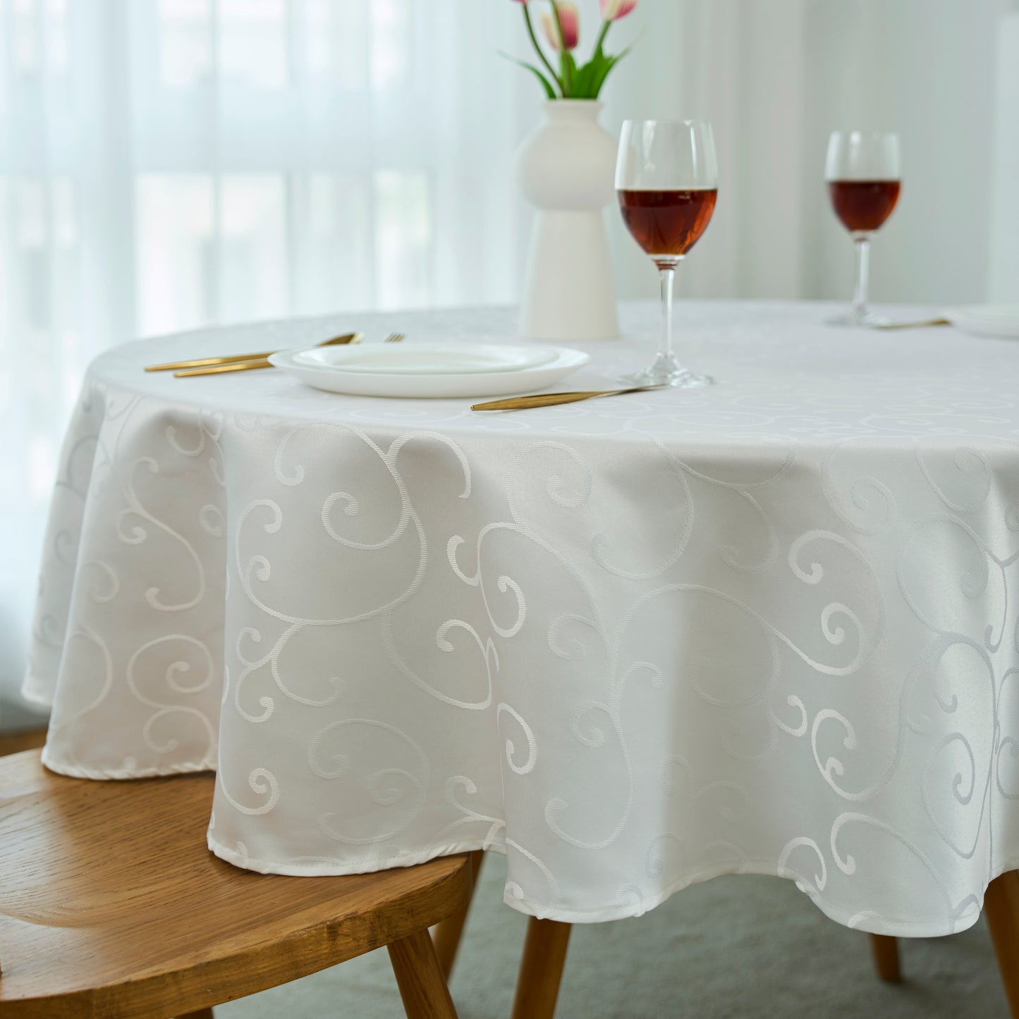 Jacquard Waterproof Thick Luxury Premium Solid Liquid Repellent Stain Resistant Decorative Home Kitchen Tablecloth, White Color