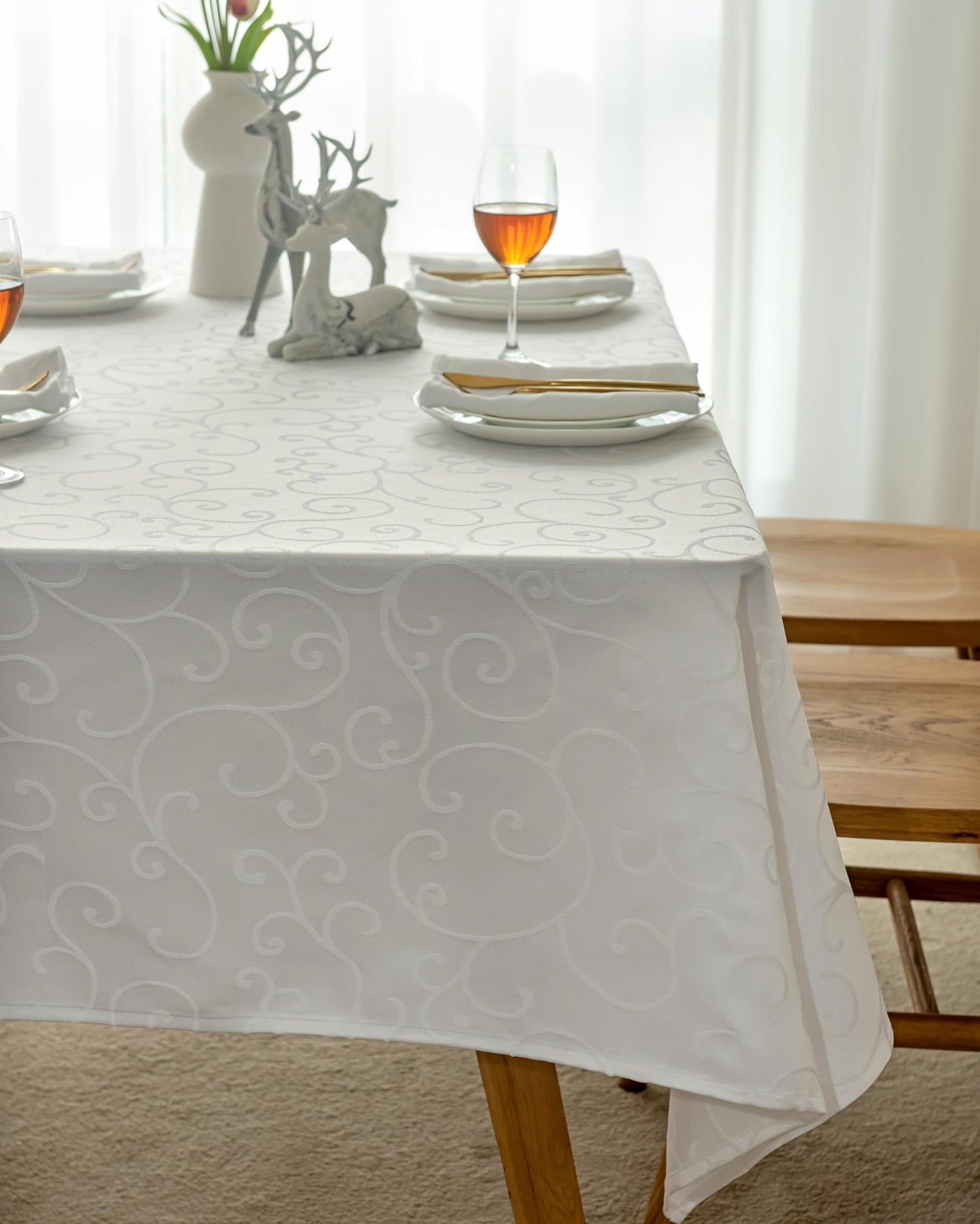 Jacquard Waterproof Thick Luxury Premium Solid Liquid Repellent Stain Resistant Decorative Home Kitchen Tablecloth, White Color