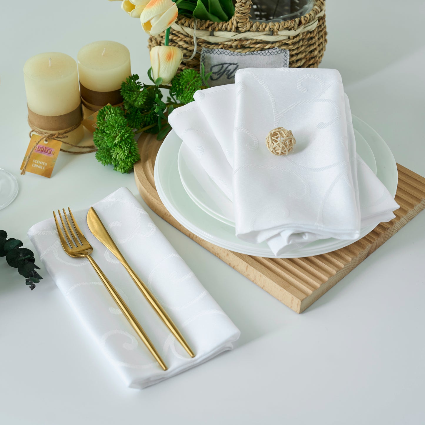 Jacquard Waterproof Thick Luxury Premium Solid Liquid Repellent Stain Resistant Decorative Home Kitchen Tablecloth, White Color