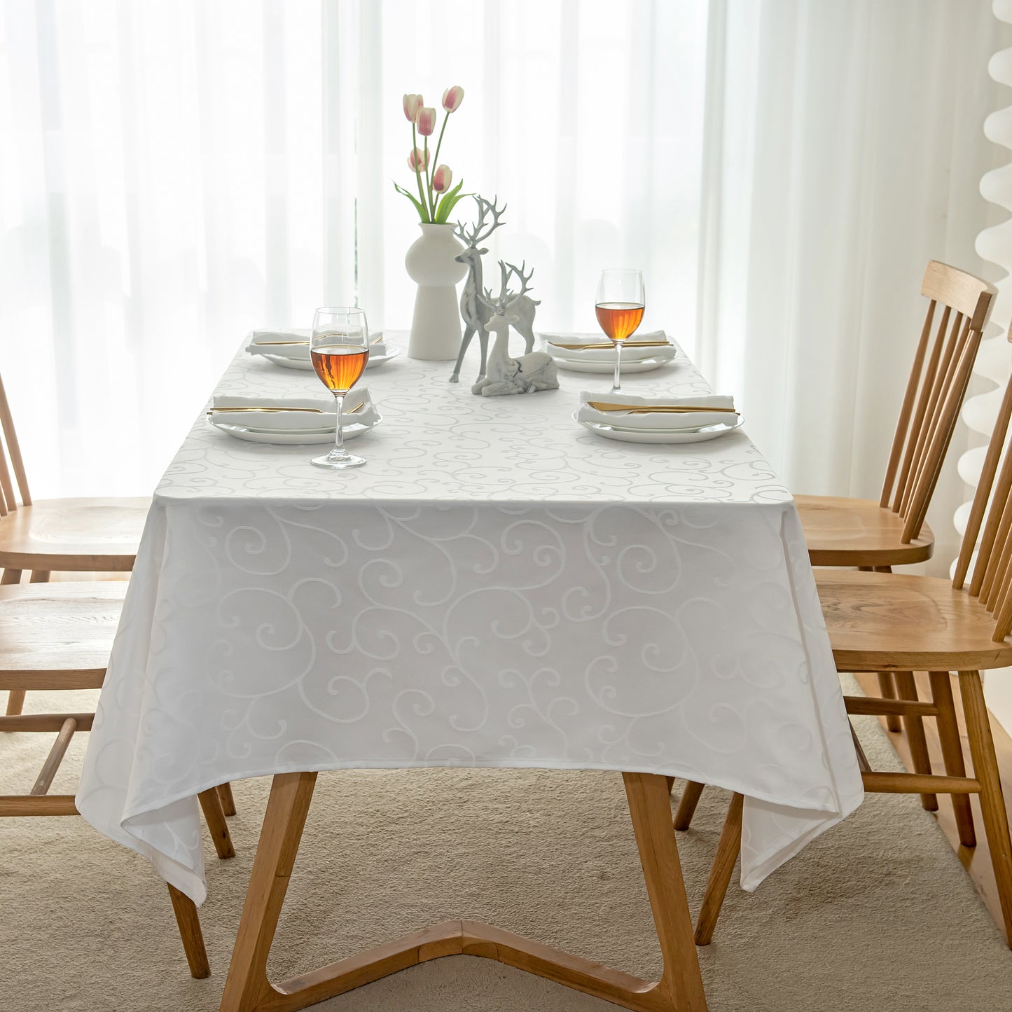 Jacquard Waterproof Thick Luxury Premium Solid Liquid Repellent Stain Resistant Decorative Home Kitchen Tablecloth, White Color