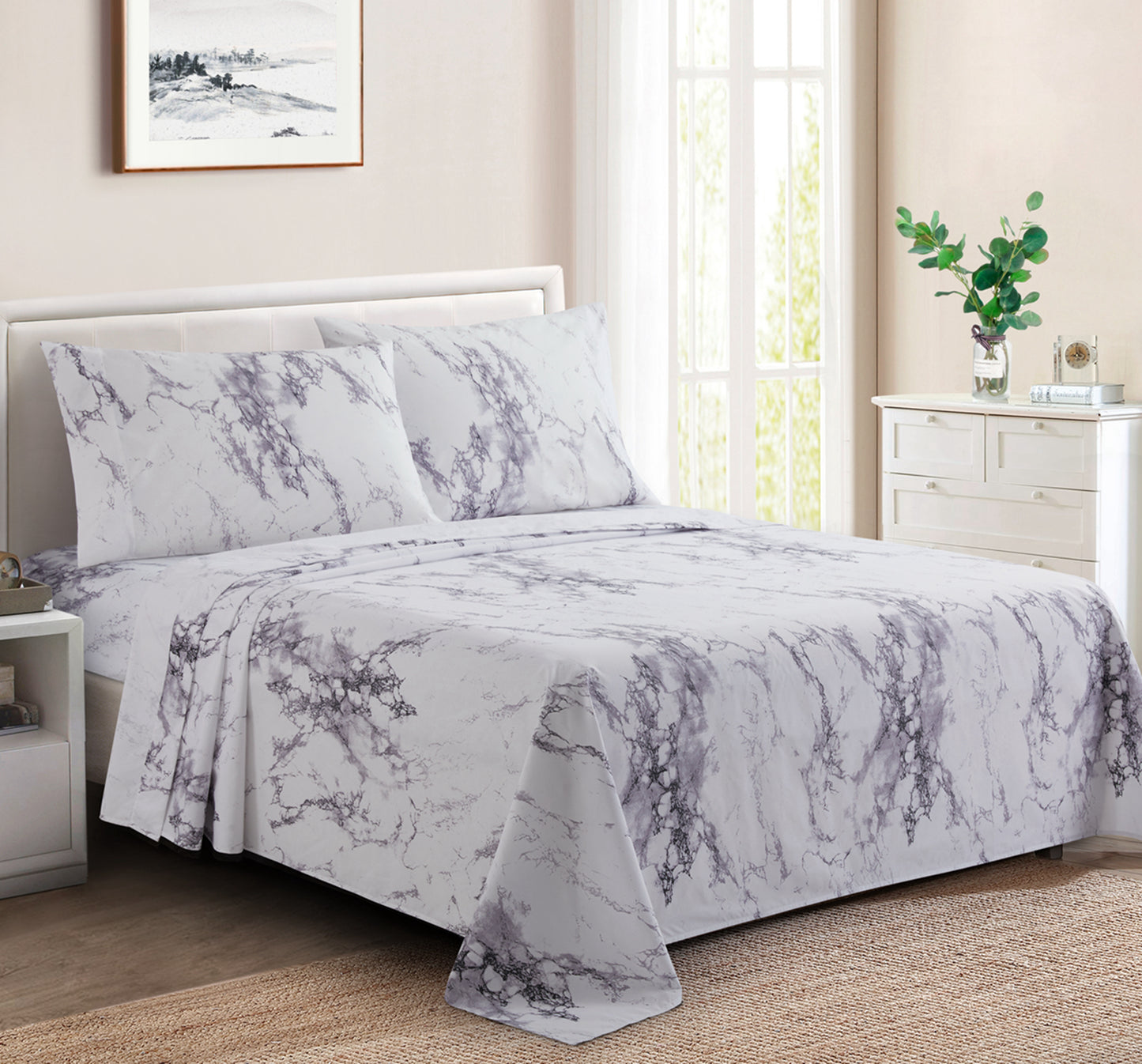 Printed Cotton Blend Percale 600 Thread Count Soft Deep Pocket All Season Bedding Sheet Set, White Marble Pattern