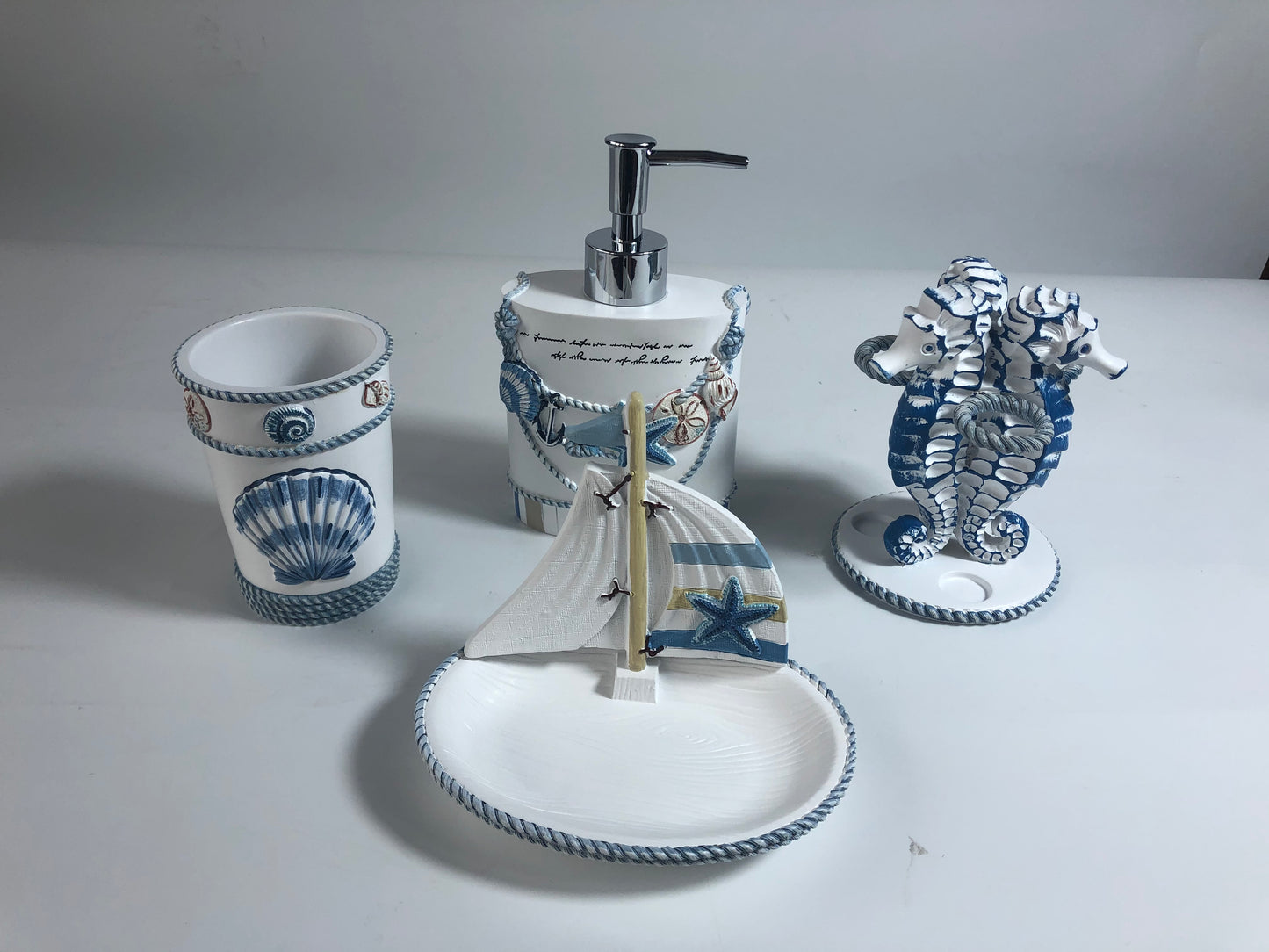 Modern Luxury Décor Bath Accessory Ensemble Bathroom Lotion Dispenser Toothbrush Holder Tumbler Soap Dish, Nautical Beach bohemian