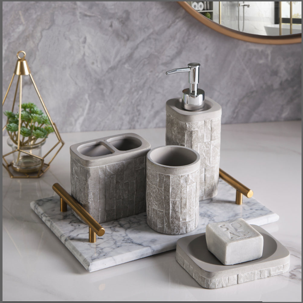 Modern Luxury Décor Bath Accessory Ensemble Bathroom Lotion Dispenser Toothbrush Holder Tumbler Soap Dish, Grey Brick Concrete