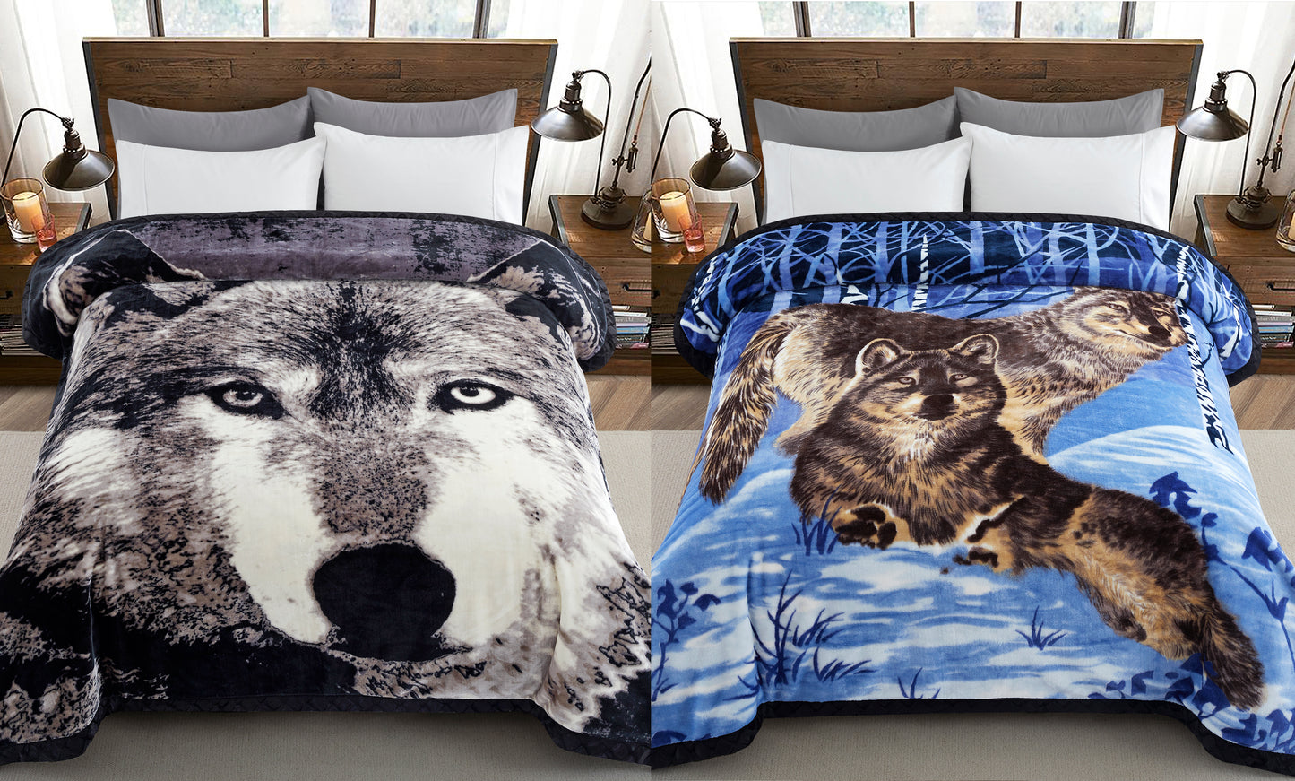 Printed Reversible Woven Fluffy Plush Soft Warm Korean Style 2 Ply Flannel Fleece Throw Animal Mink Blanket, 78" x 86" Wolf