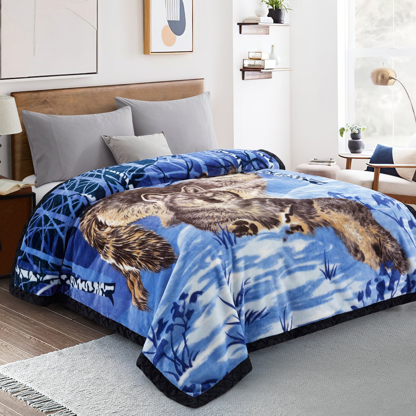 Printed Reversible Woven Fluffy Plush Soft Warm Korean Style 2 Ply Flannel Fleece Throw Animal Mink Blanket, 78" x 86" Wolf