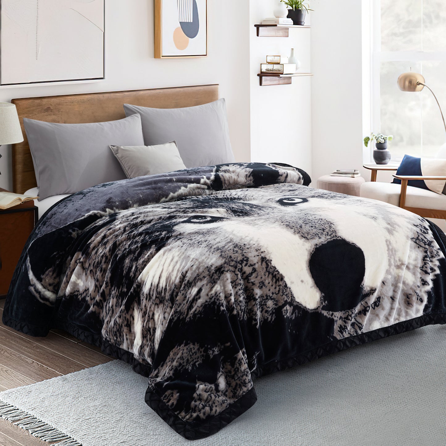 Printed Reversible Woven Fluffy Plush Soft Warm Korean Style 2 Ply Flannel Fleece Throw Animal Mink Blanket, 78" x 86" Wolf