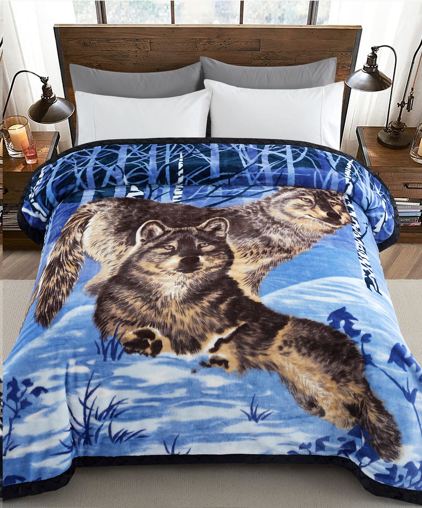 Printed Reversible Woven Fluffy Plush Soft Warm Korean Style 2 Ply Flannel Fleece Throw Animal Mink Blanket, 78" x 86" Wolf