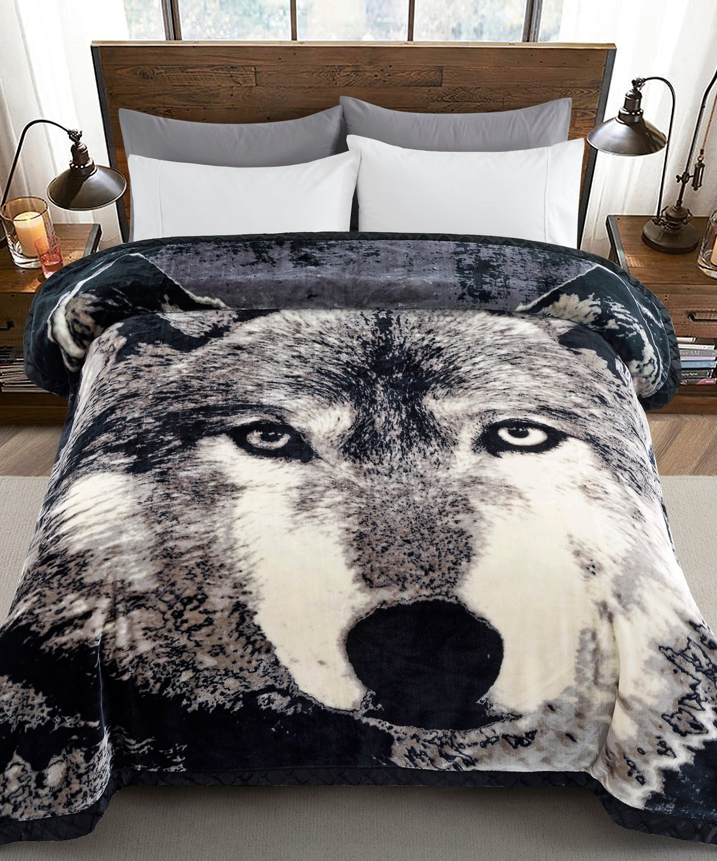 Printed Reversible Woven Fluffy Plush Soft Warm Korean Style 2 Ply Flannel Fleece Throw Animal Mink Blanket, 78" x 86" Wolf