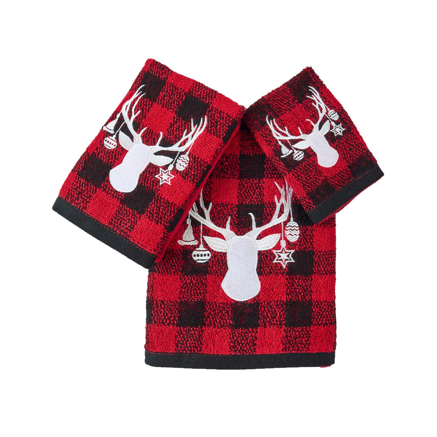 Christmas Premium Decor Soft 100% Cotton Embroidered Bathroom Modern 3 Piece Towel Set, Red Black Plaid Xmas Deer
