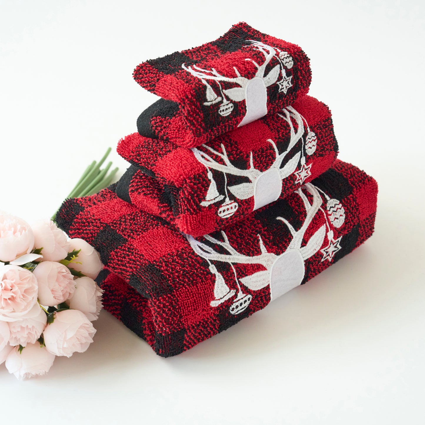Christmas Premium Decor Soft 100% Cotton Embroidered Bathroom Modern 3 Piece Towel Set, Red Black Plaid Xmas Deer