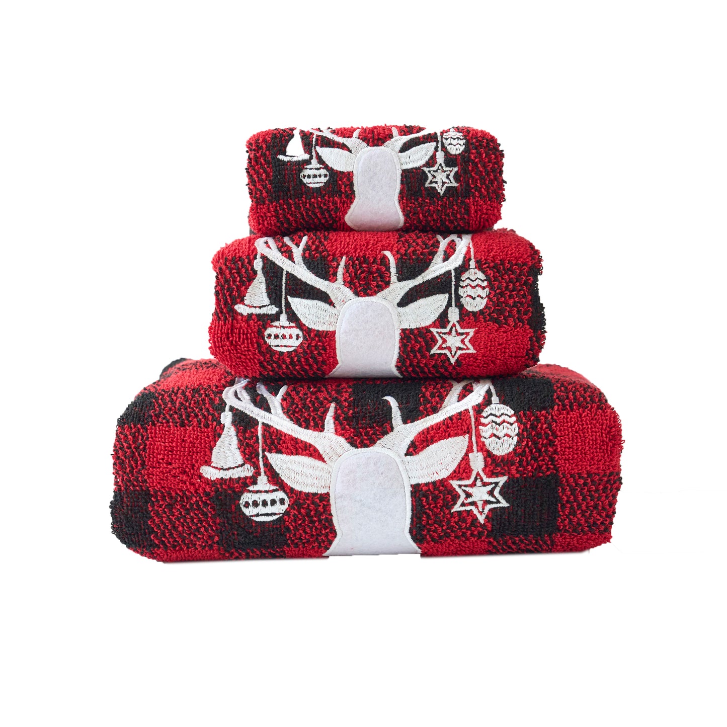 Christmas Premium Decor Soft 100% Cotton Embroidered Bathroom Modern 3 Piece Towel Set, Red Black Plaid Xmas Deer