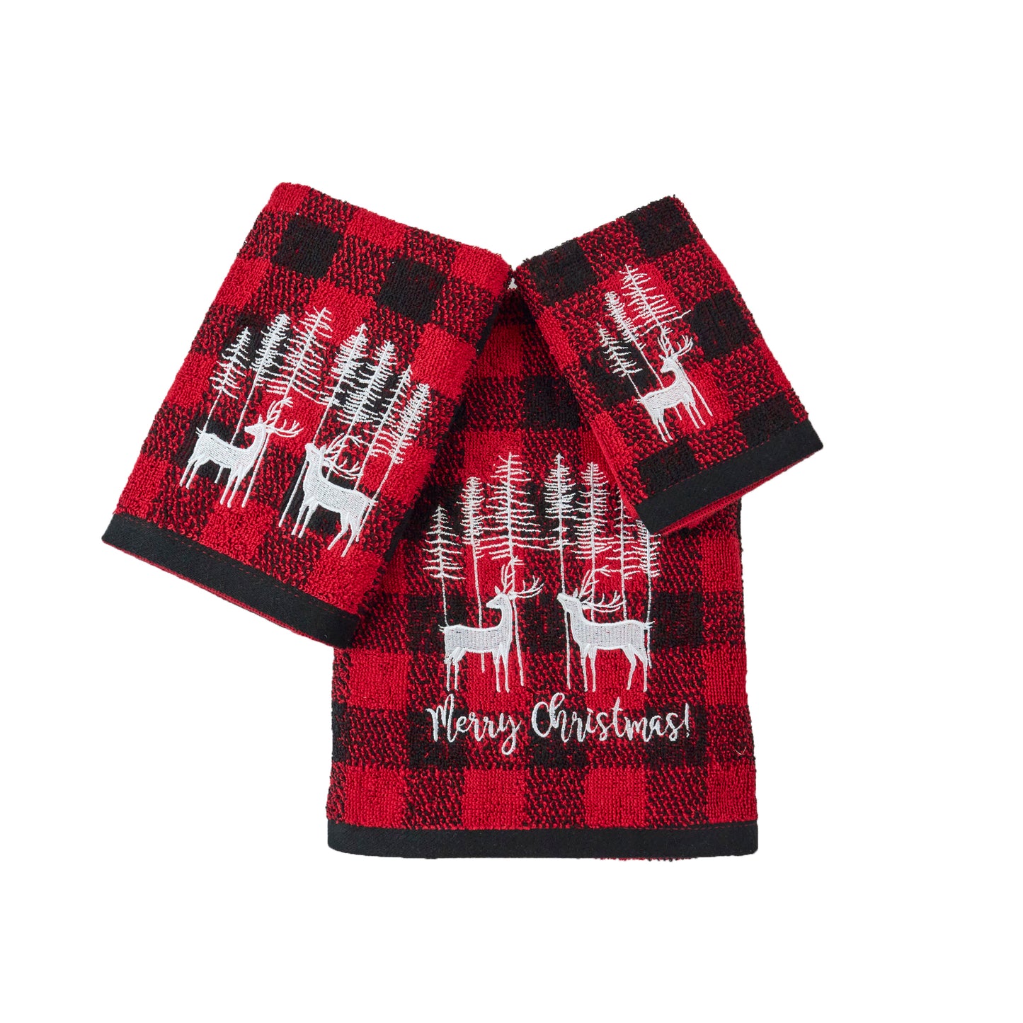 Christmas Premium Decor Soft 100% Cotton Embroidered Bathroom Modern 3 Piece Towel Set, Red Black Plaid Xmas Reindeer and Tree