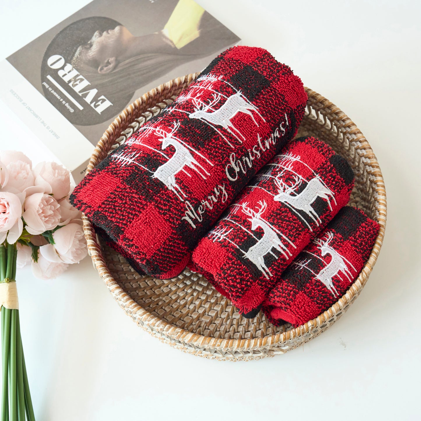 Christmas Premium Decor Soft 100% Cotton Embroidered Bathroom Modern 3 Piece Towel Set, Red Black Plaid Xmas Reindeer and Tree