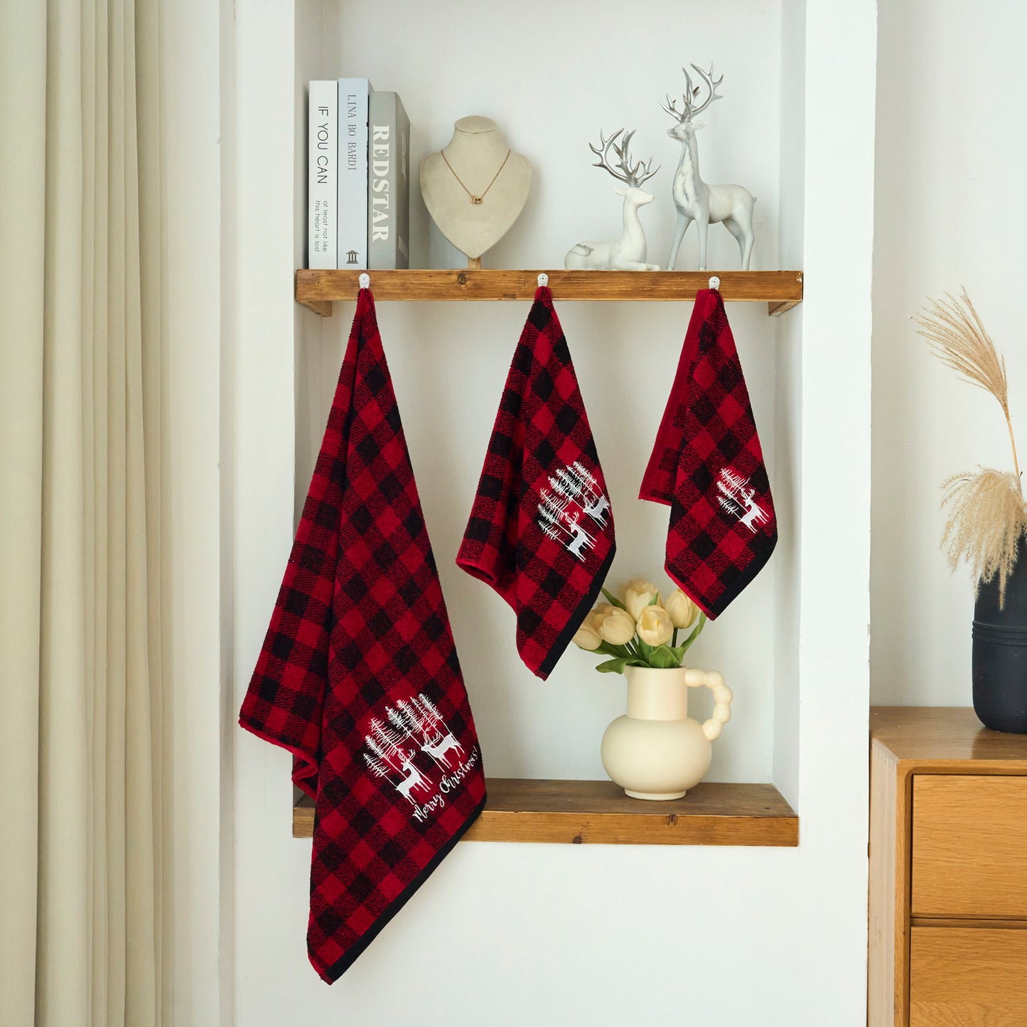 Christmas Premium Decor Soft 100% Cotton Embroidered Bathroom Modern 3 Piece Towel Set, Red Black Plaid Xmas Reindeer and Tree