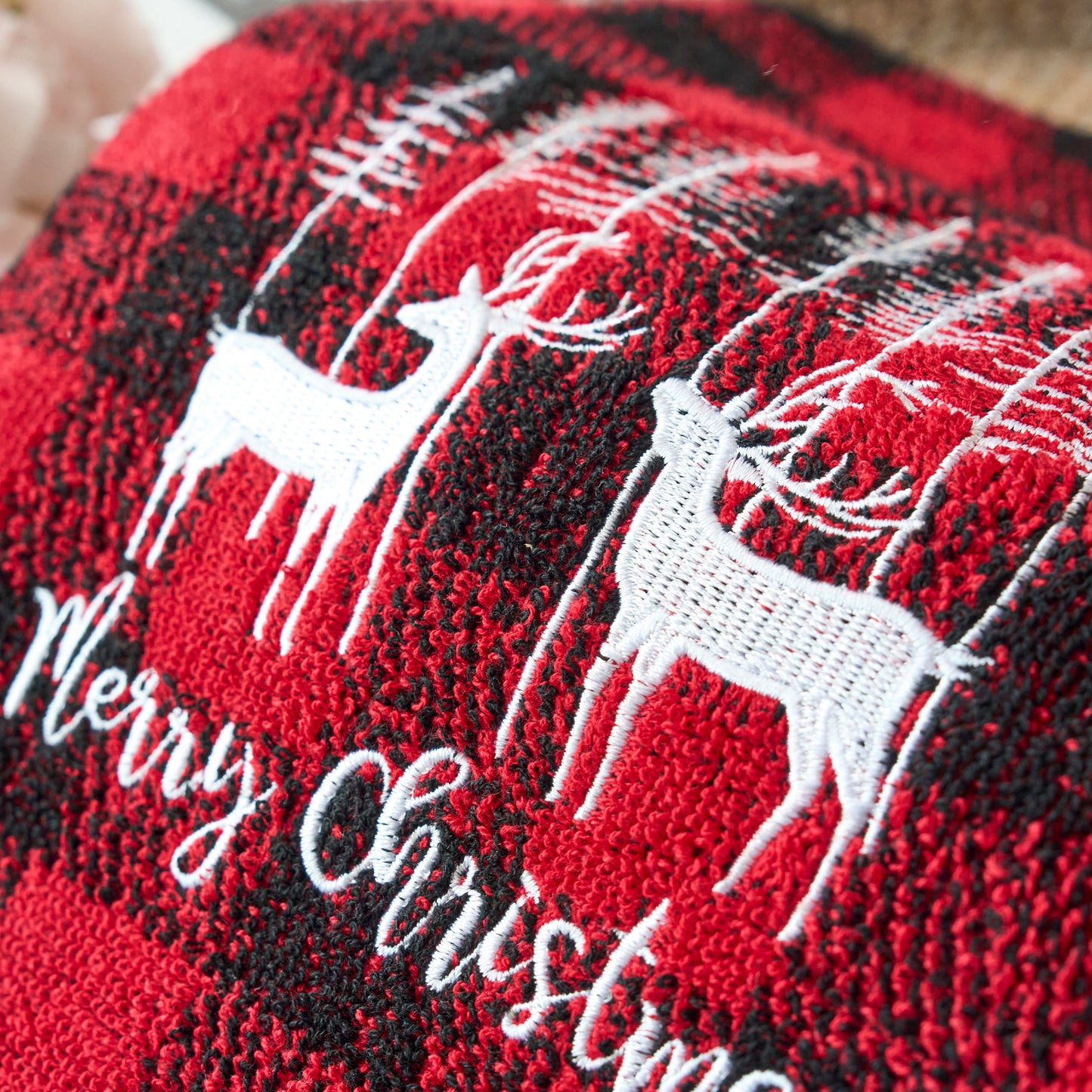 Christmas Premium Decor Soft 100% Cotton Embroidered Bathroom Modern 3 Piece Towel Set, Red Black Plaid Xmas Reindeer and Tree