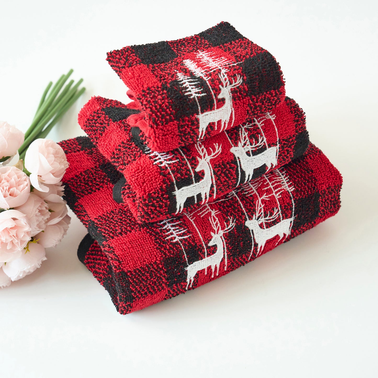 Christmas Premium Decor Soft 100% Cotton Embroidered Bathroom Modern 3 Piece Towel Set, Red Black Plaid Xmas Reindeer and Tree