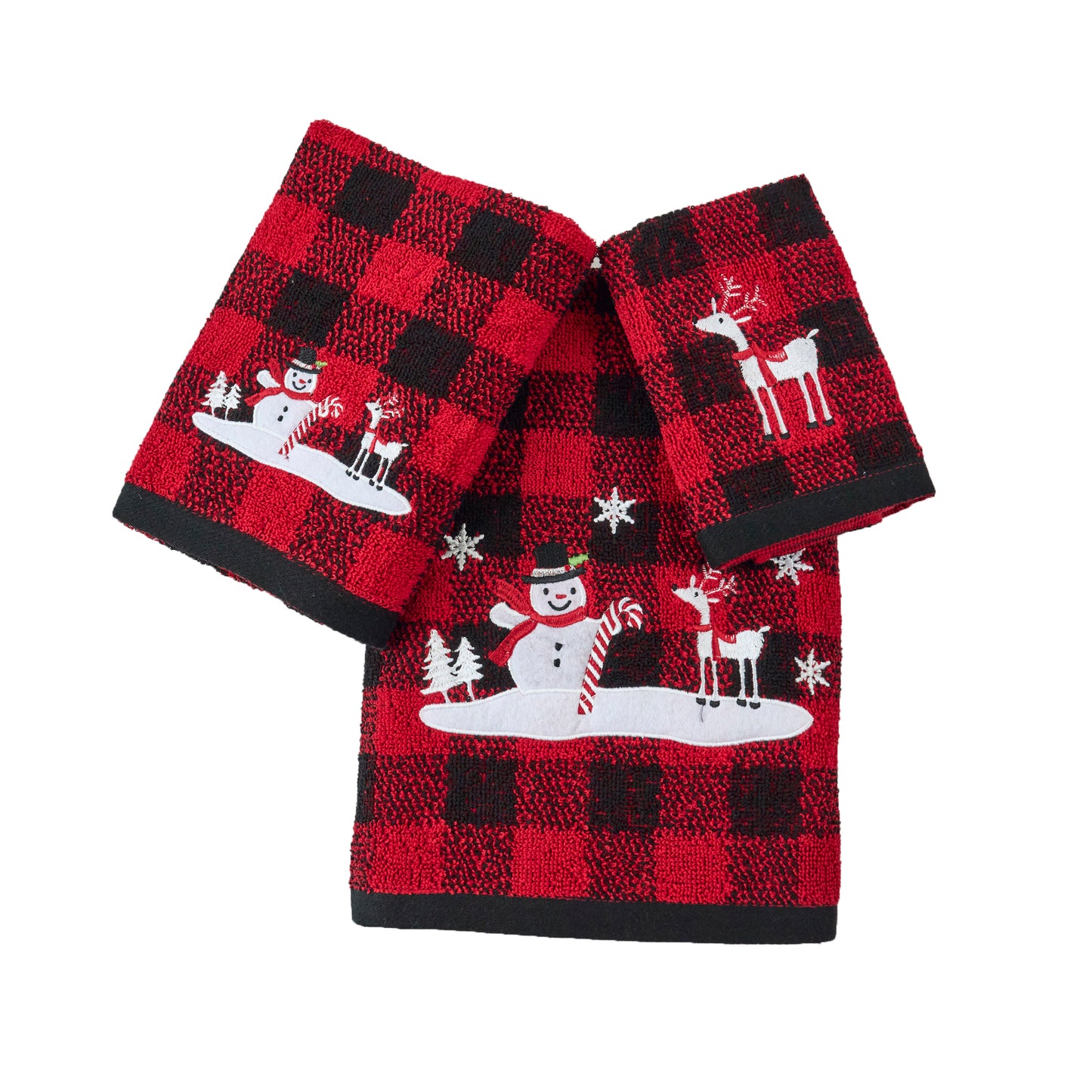 Christmas Premium Decor Soft 100% Cotton Embroidered Bathroom Modern 3 Piece Towel Set, Red Black Plaid Snowman and Deer