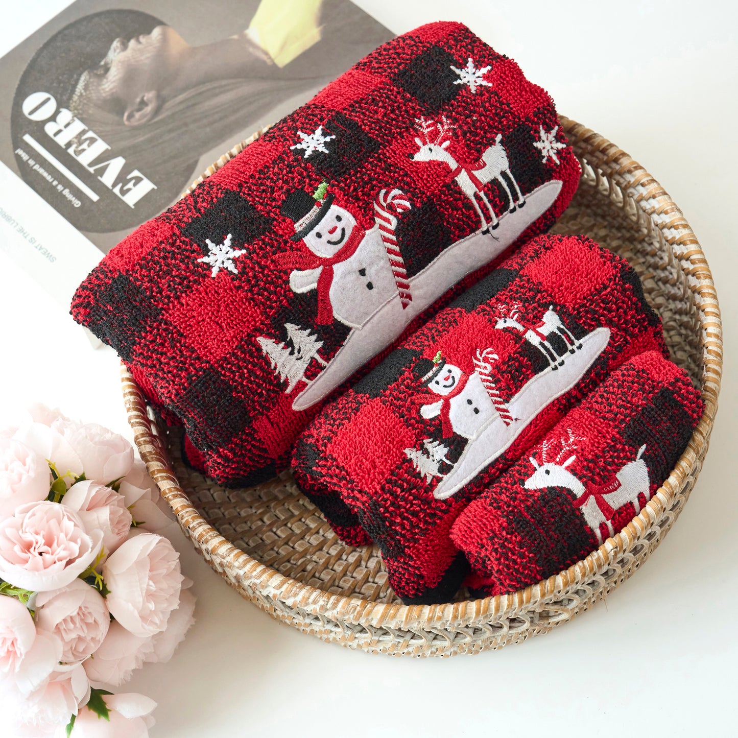 Christmas Premium Decor Soft 100% Cotton Embroidered Bathroom Modern 3 Piece Towel Set, Red Black Plaid Snowman and Deer