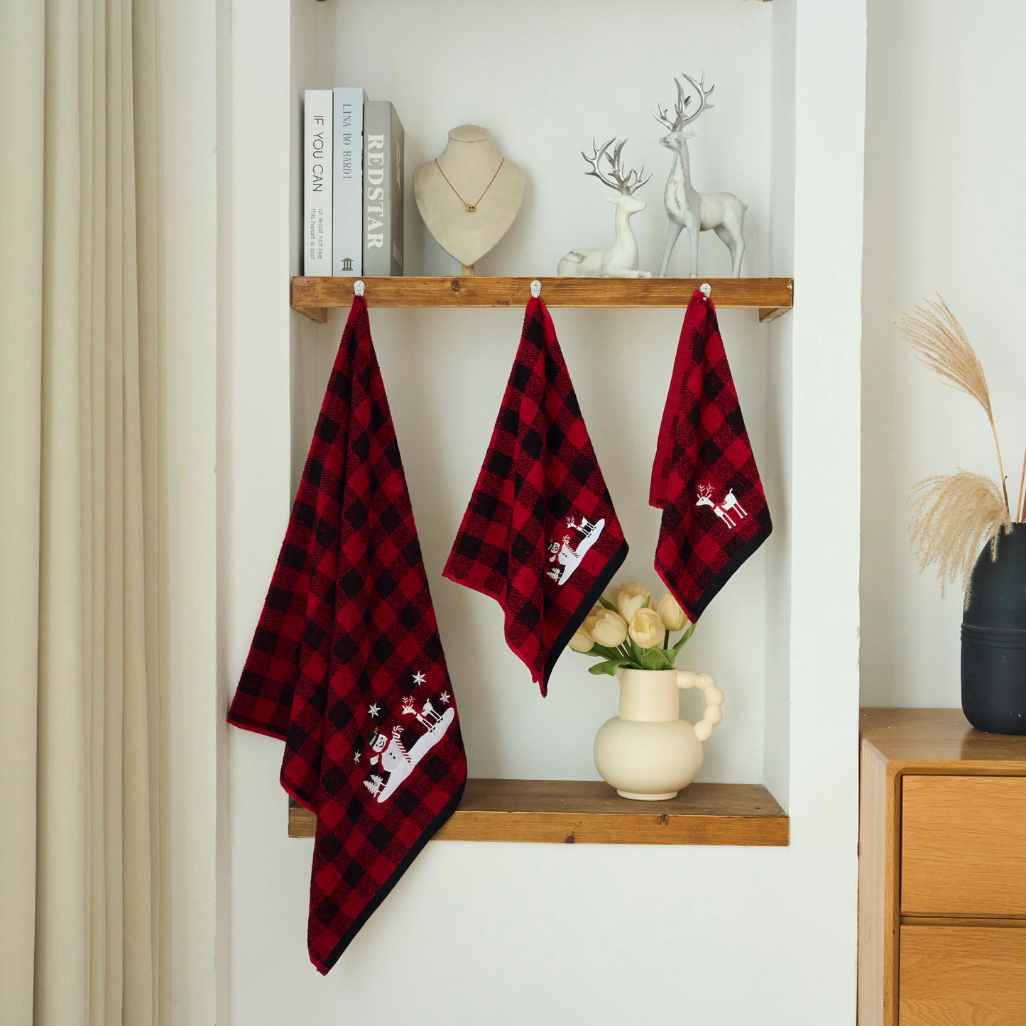Christmas Premium Decor Soft 100% Cotton Embroidered Bathroom Modern 3 Piece Towel Set, Red Black Plaid Snowman and Deer
