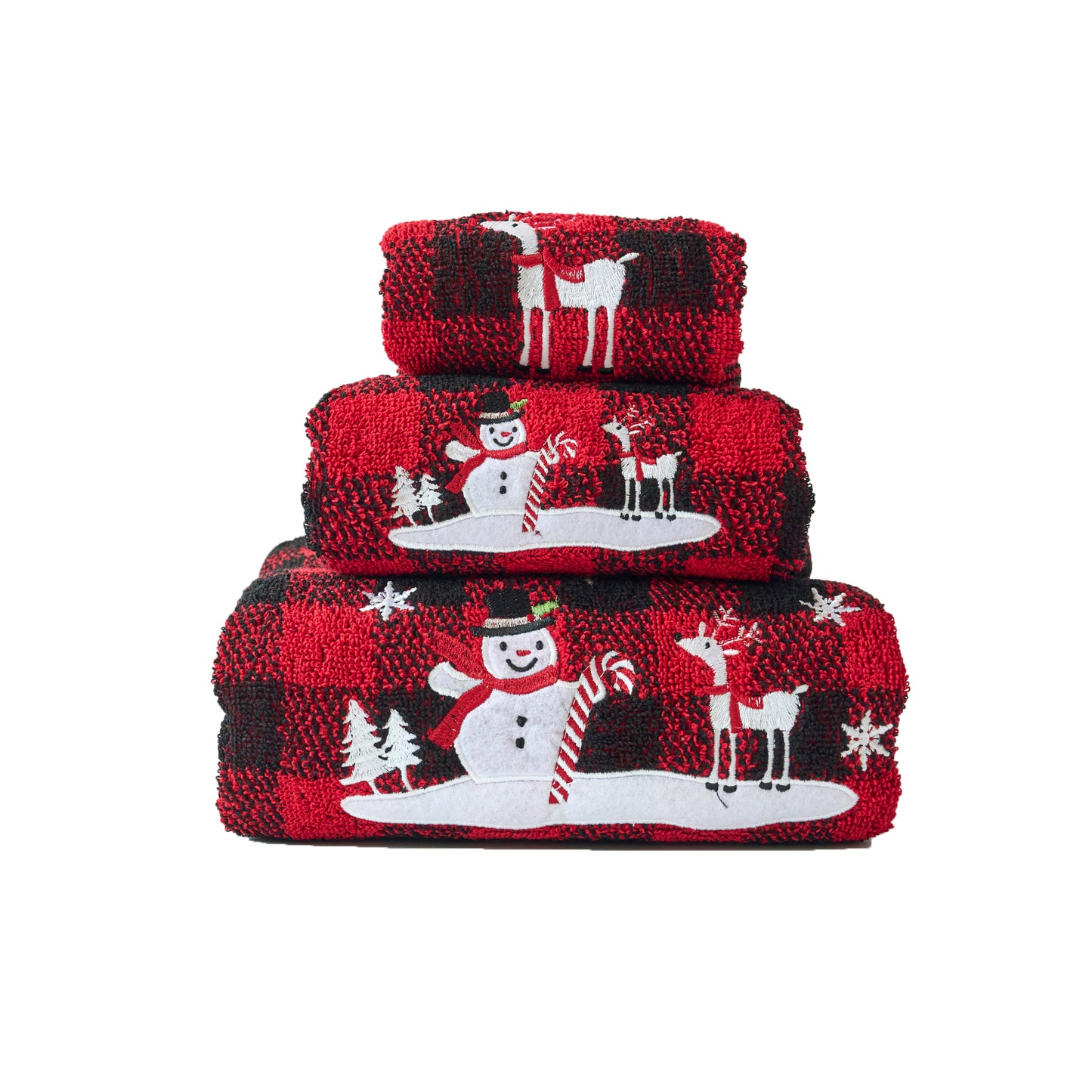 Christmas Premium Decor Soft 100% Cotton Embroidered Bathroom Modern 3 Piece Towel Set, Red Black Plaid Snowman and Deer