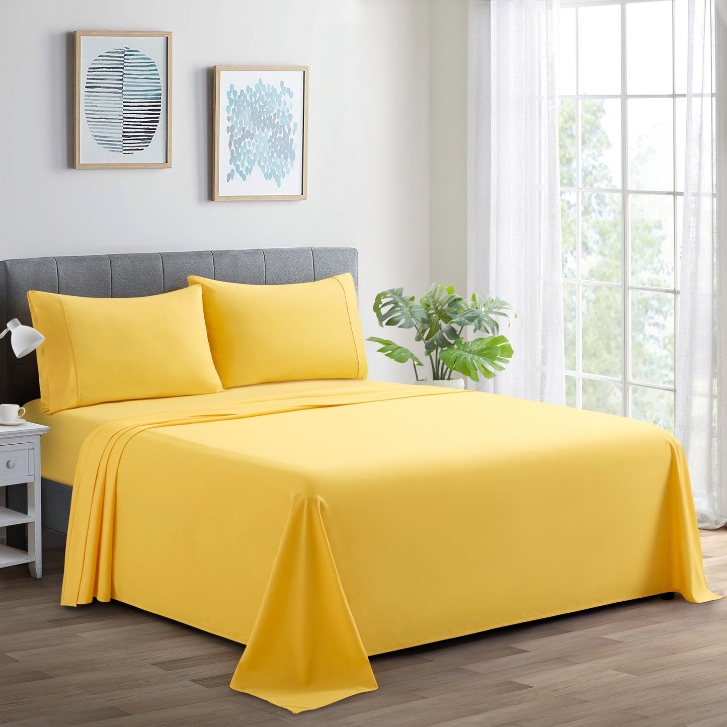 600 Thread Count Cotton Percale Soft Deep Pocket Solid Bedding All Season Sheet Set, Yellow