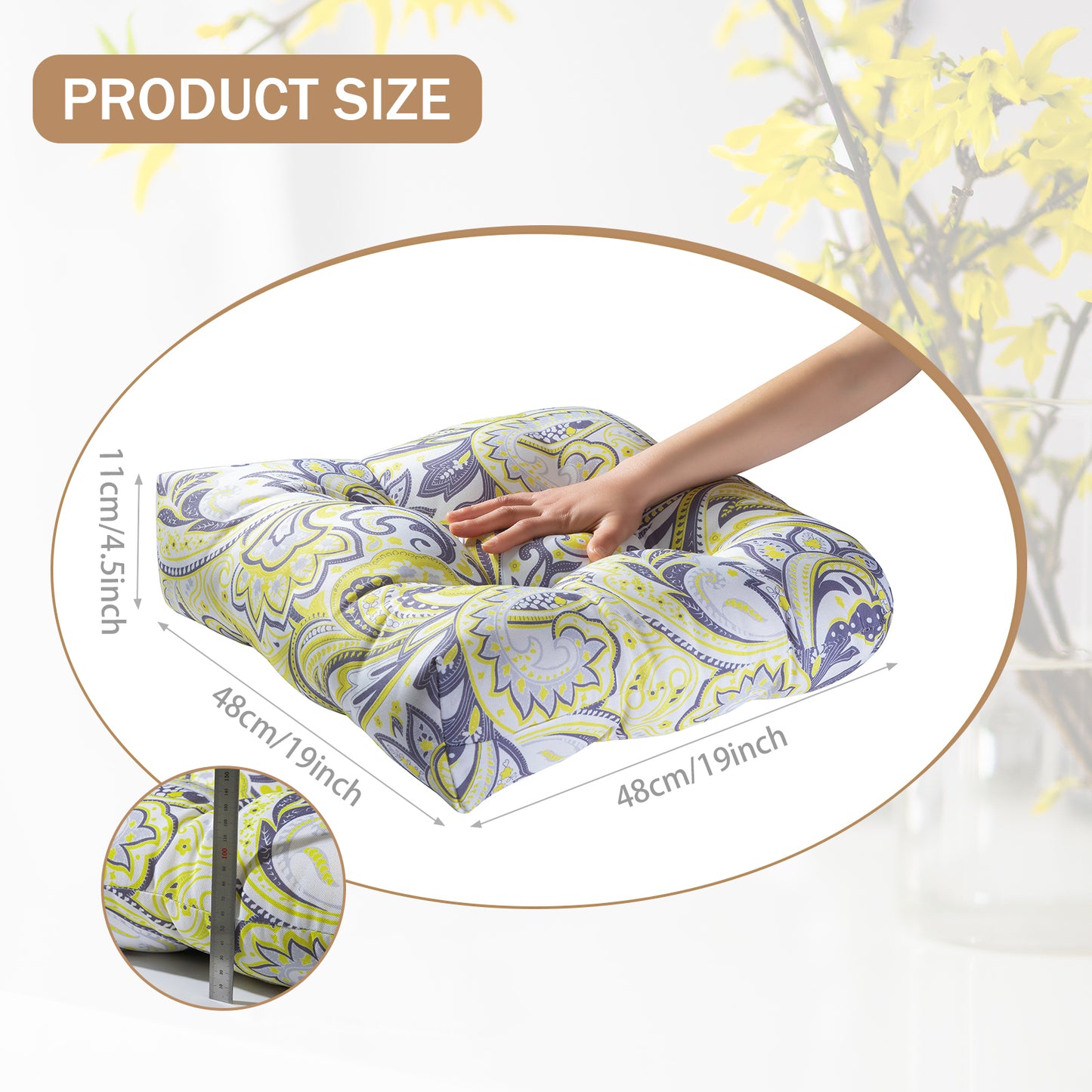 Premium Thick Comfy Seat Patio Pad Tufted Textured Printed Outdoor Chair Cushion 19 x 19 x 4 Inch, Yellow Paisley Floral