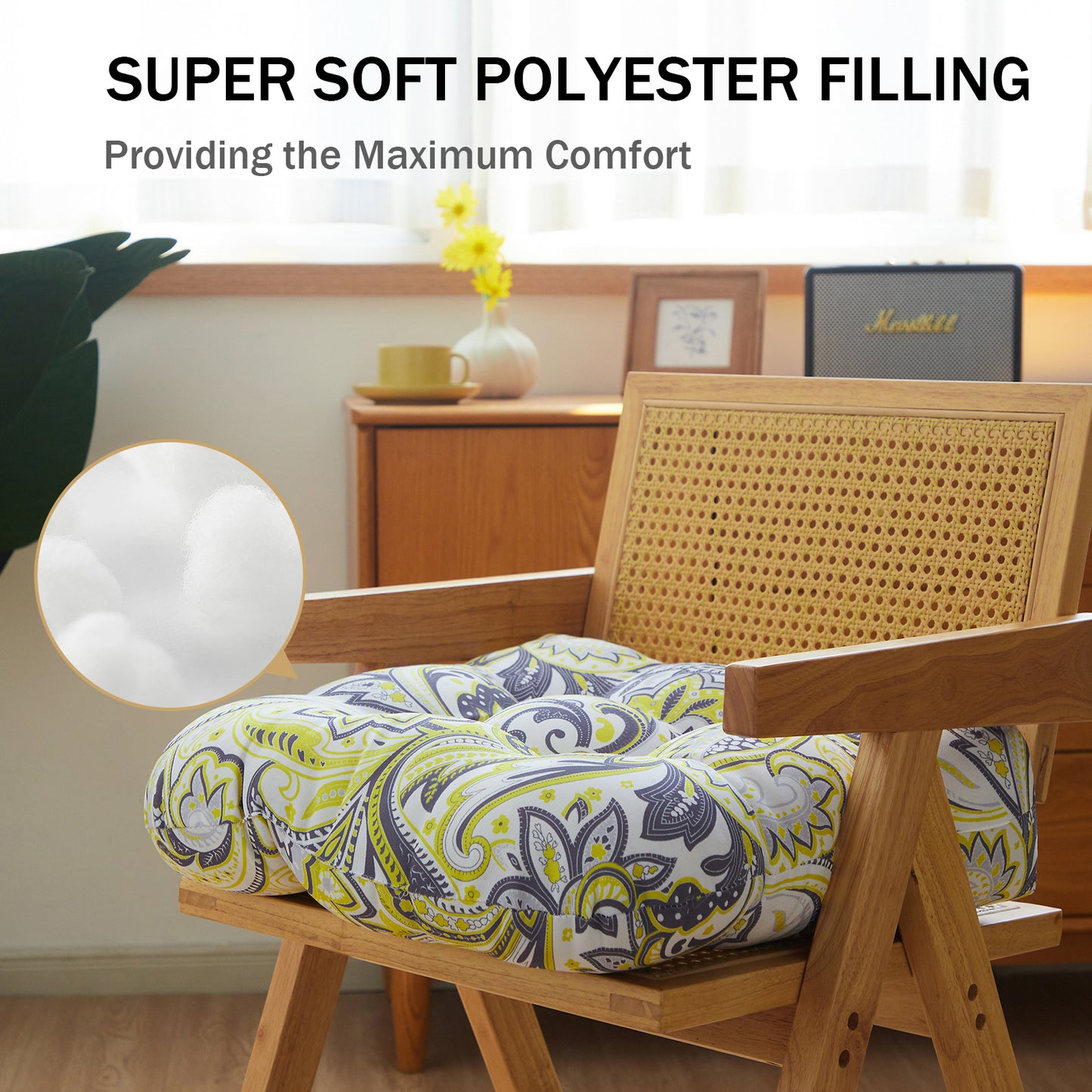 Premium Thick Comfy Seat Patio Pad Tufted Textured Printed Outdoor Chair Cushion 19 x 19 x 4 Inch, Yellow Paisley Floral