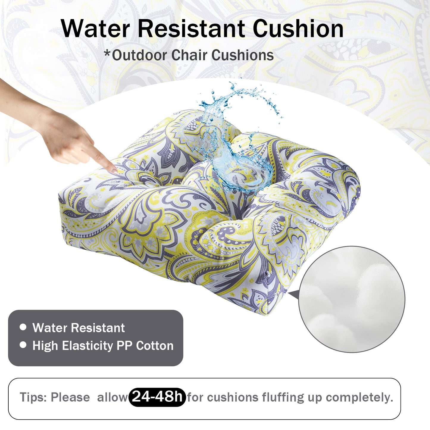 Premium Thick Comfy Seat Patio Pad Tufted Textured Printed Outdoor Chair Cushion 19 x 19 x 4 Inch, Yellow Paisley Floral