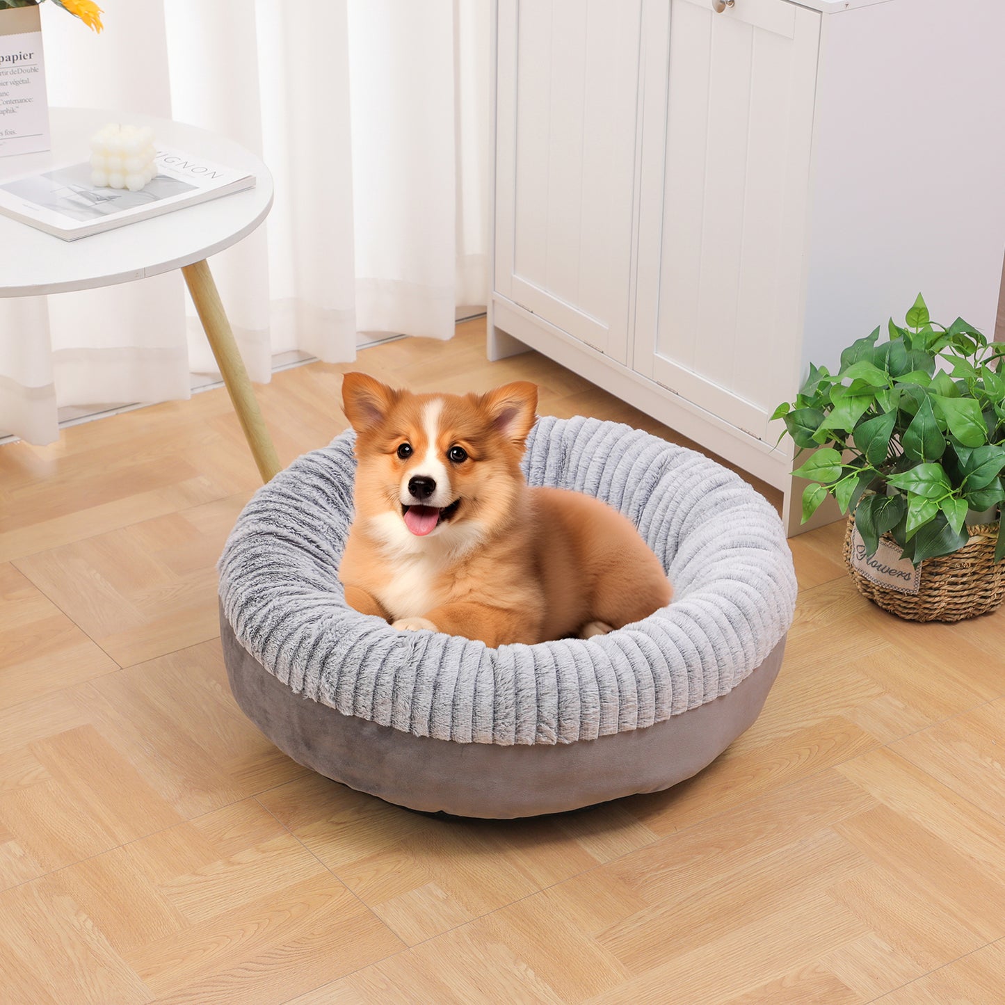 Donut Orthopedic Dog Bed, Cat Puppy Mat with Sides Bolster, Soft Fluffy Pet Sofa, Anti-Slip Bottom, Grey 24 Inch Round