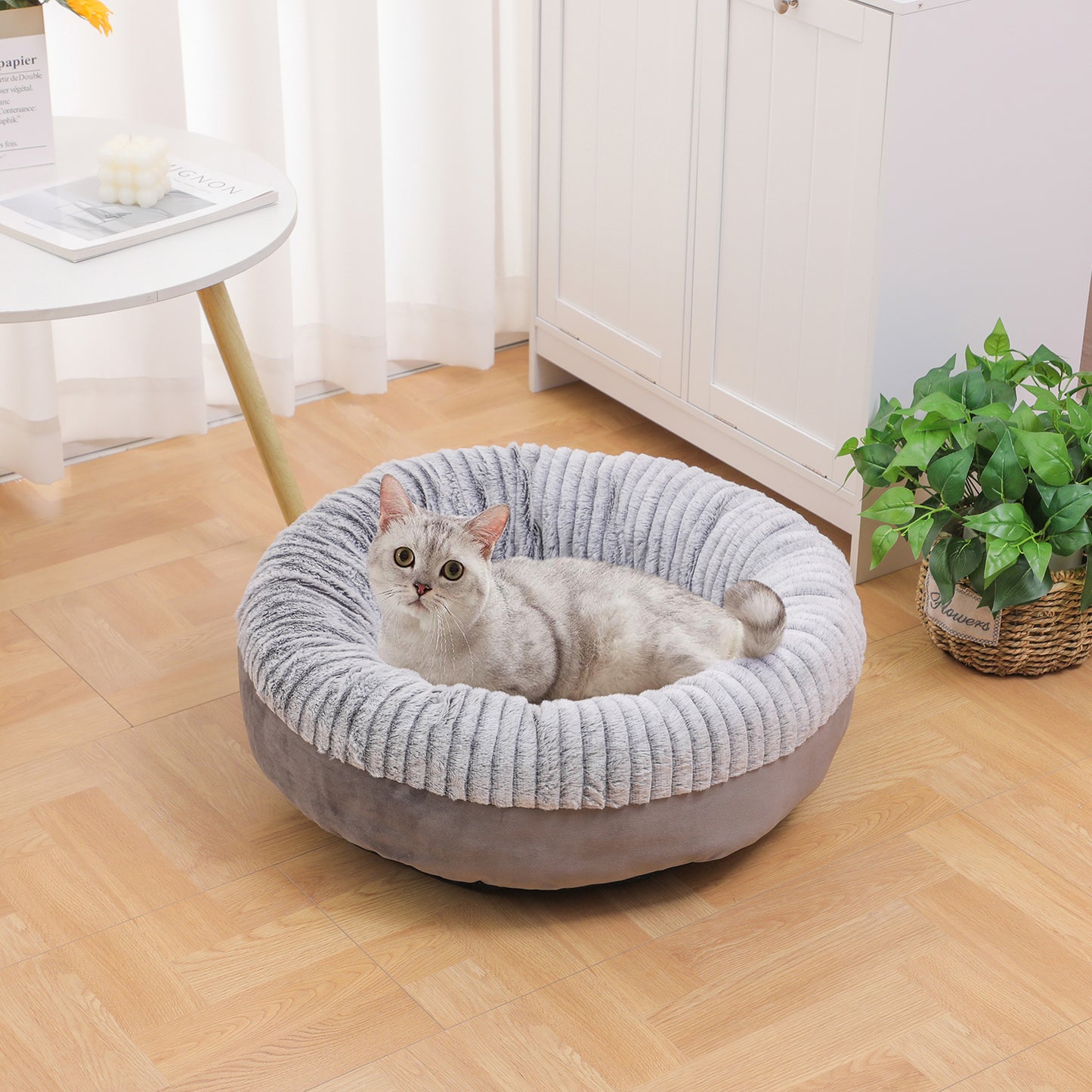 Donut Orthopedic Dog Bed, Cat Puppy Mat with Sides Bolster, Soft Fluffy Pet Sofa, Anti-Slip Bottom, Grey 24 Inch Round