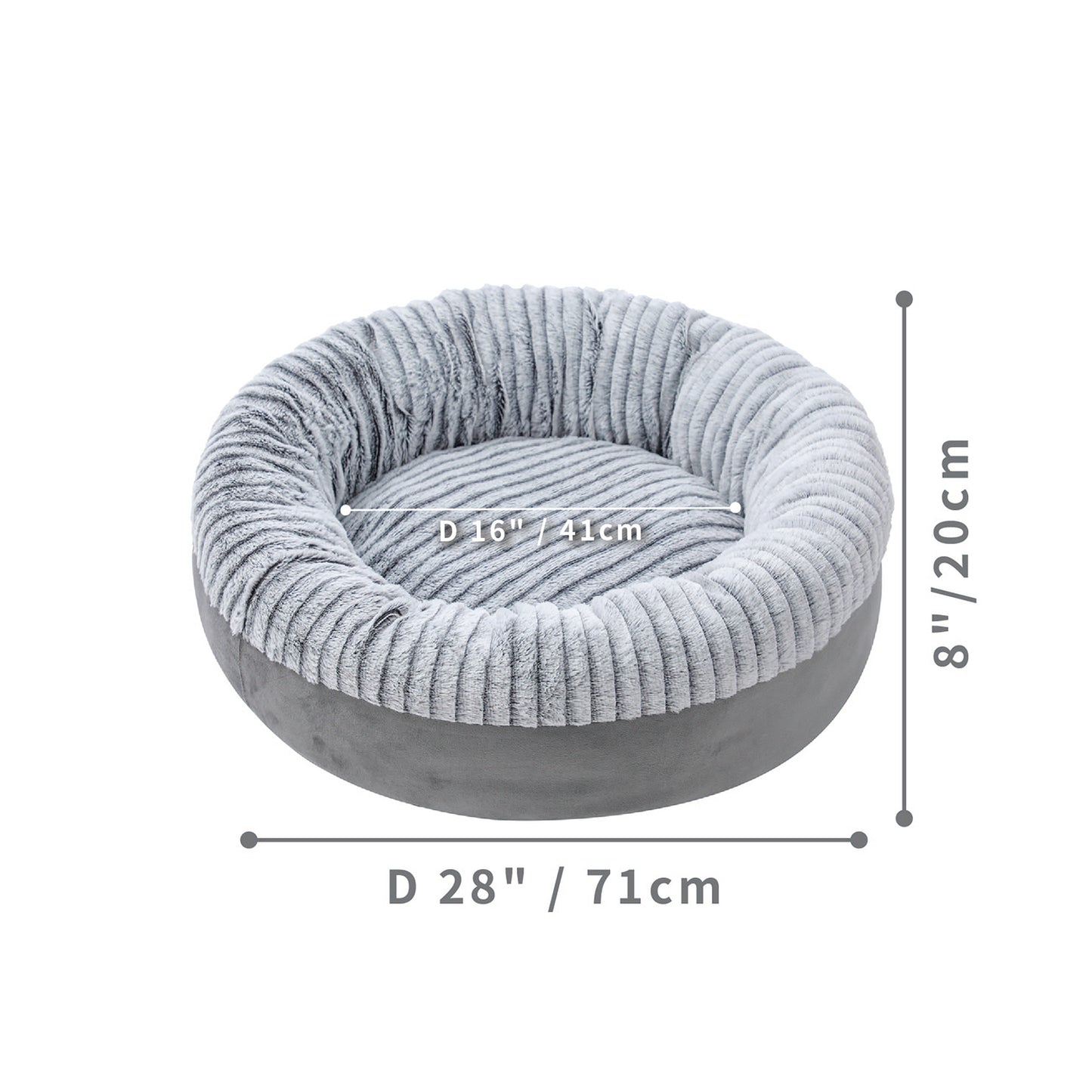 Donut Orthopedic Dog Bed, Cat Puppy Mat with Sides Bolster, Soft Fluffy Pet Sofa, Anti-Slip Bottom, Grey 24 Inch Round