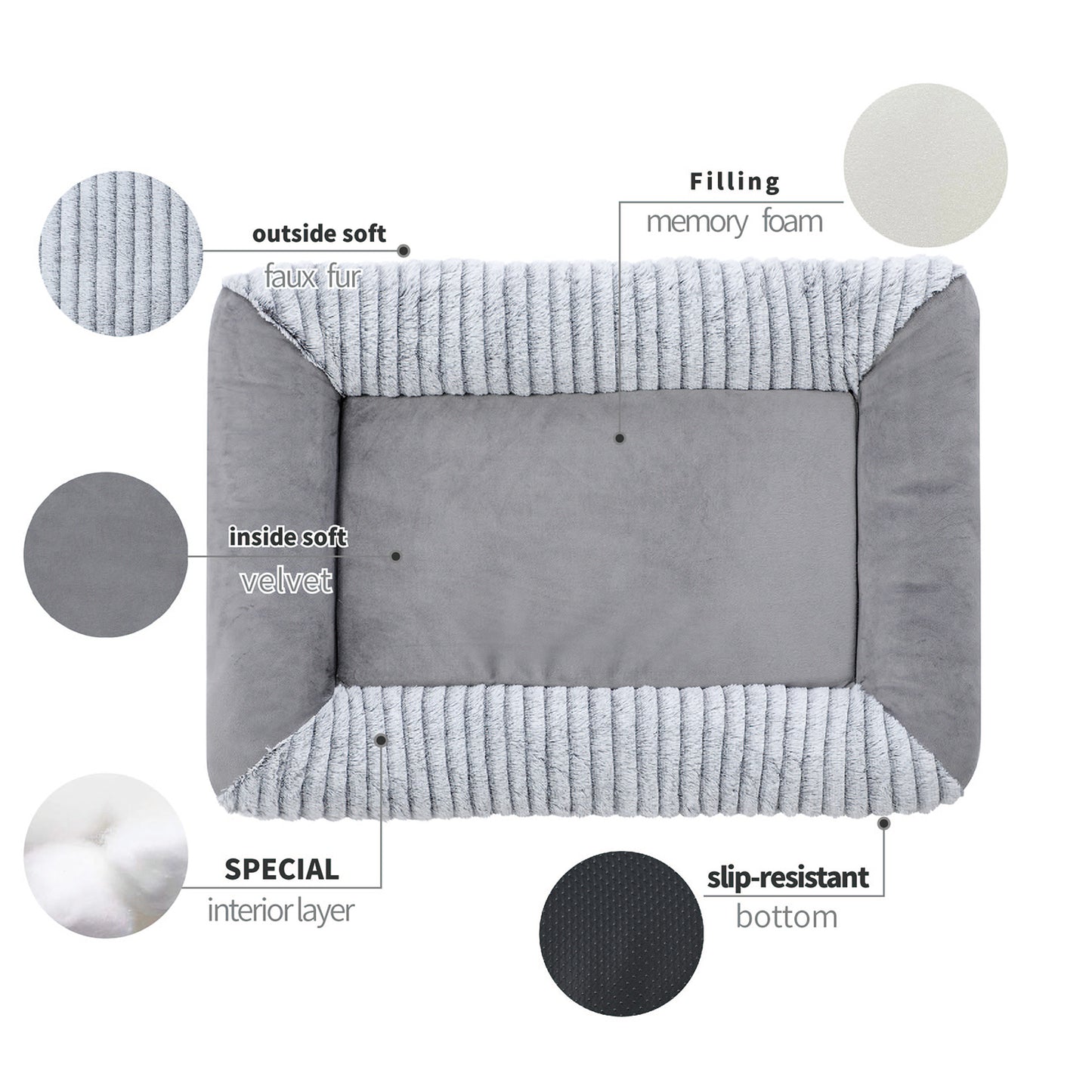 Orthopedic Dog Bed, Cat Puppy Memory Foam Mat, Soft Fluffy Pet Sofa, Anti-Slip Bottom, Grey 28 x 20 Inch