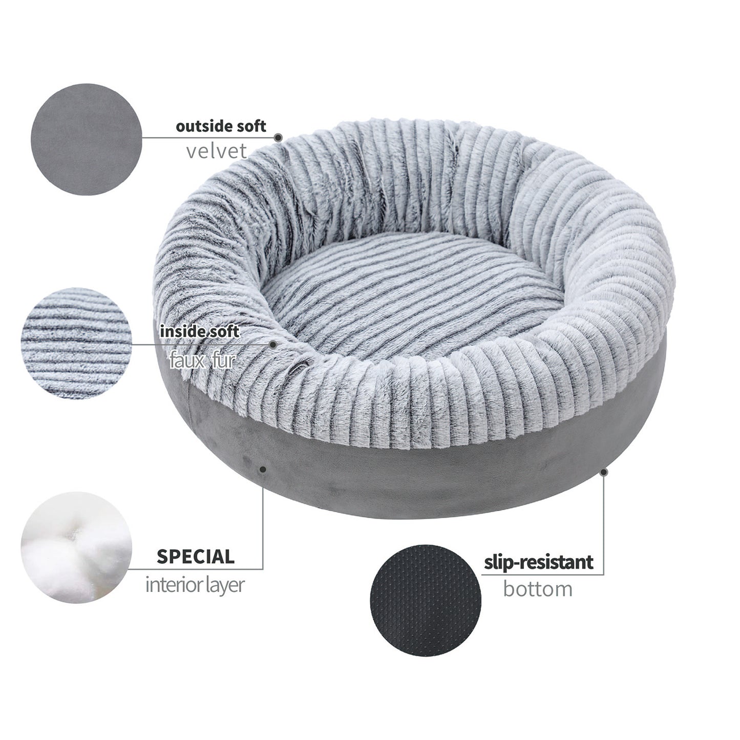 Donut Orthopedic Dog Bed, Cat Puppy Mat with Sides Bolster, Soft Fluffy Pet Sofa, Anti-Slip Bottom, Grey 24 Inch Round