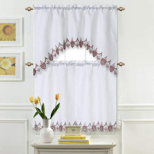 Home Décor Drapery Light Filtering Rod Pocket Lace Embroidered Kitchen Window Curtain Swag Valance and Tier Set, Floral