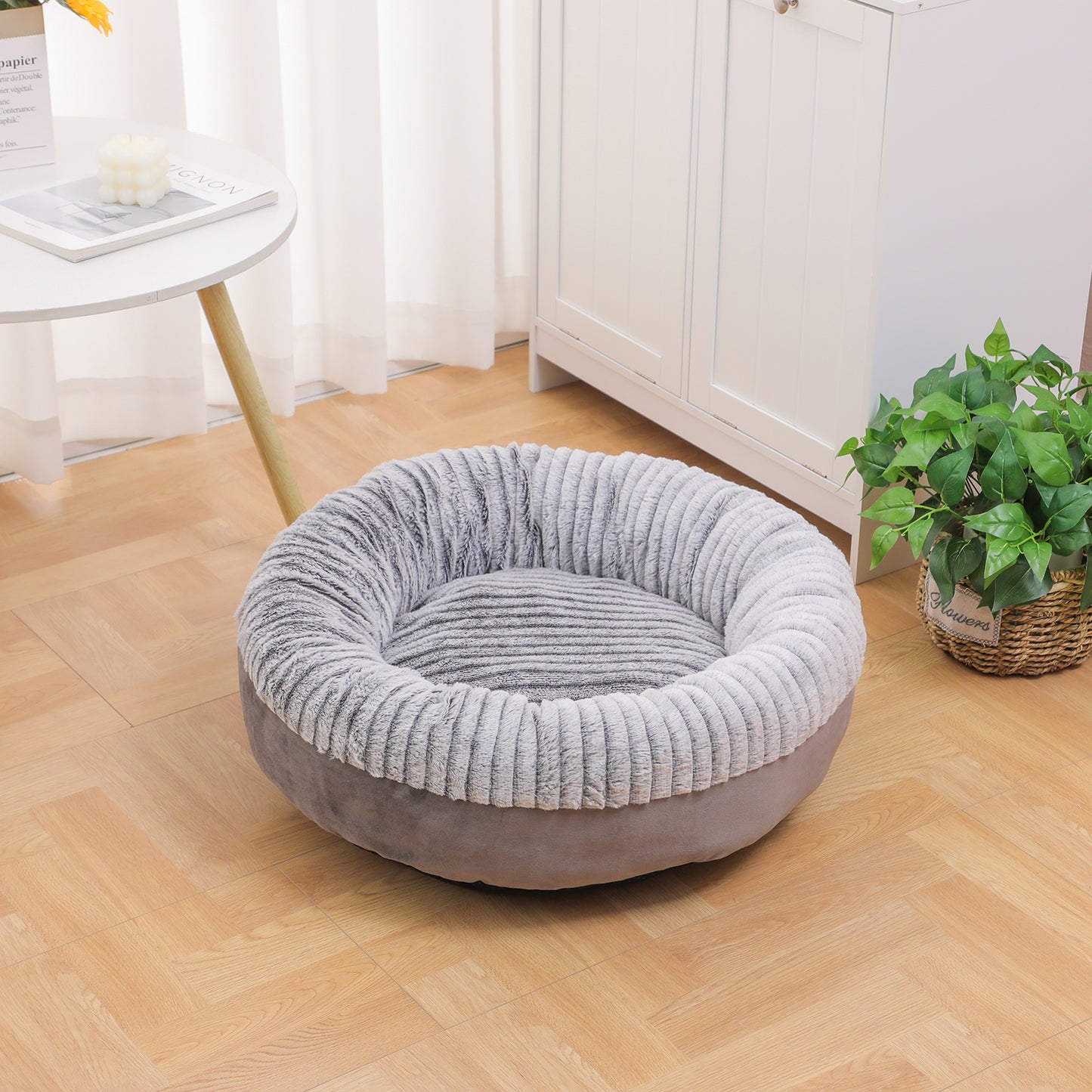 Donut Orthopedic Dog Bed, Cat Puppy Mat with Sides Bolster, Soft Fluffy Pet Sofa, Anti-Slip Bottom, Grey 24 Inch Round