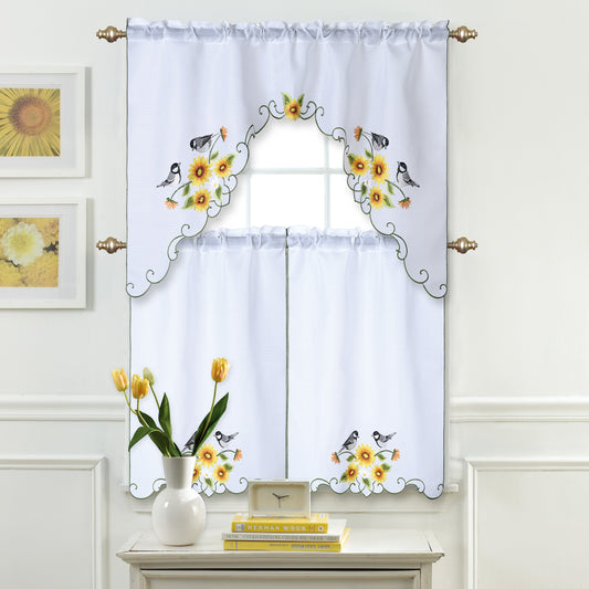 Home Décor Drapery Light Filtering Rod Pocket Lace Embroidered Kitchen Window Curtain Swag Valance and Tier Set, Bird and Daisy Floral
